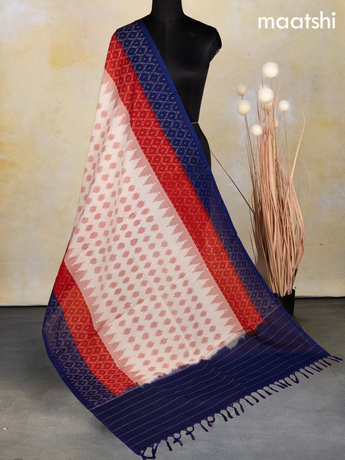 Ikat cotton dupatta off white and red blue with allover ikat weaves