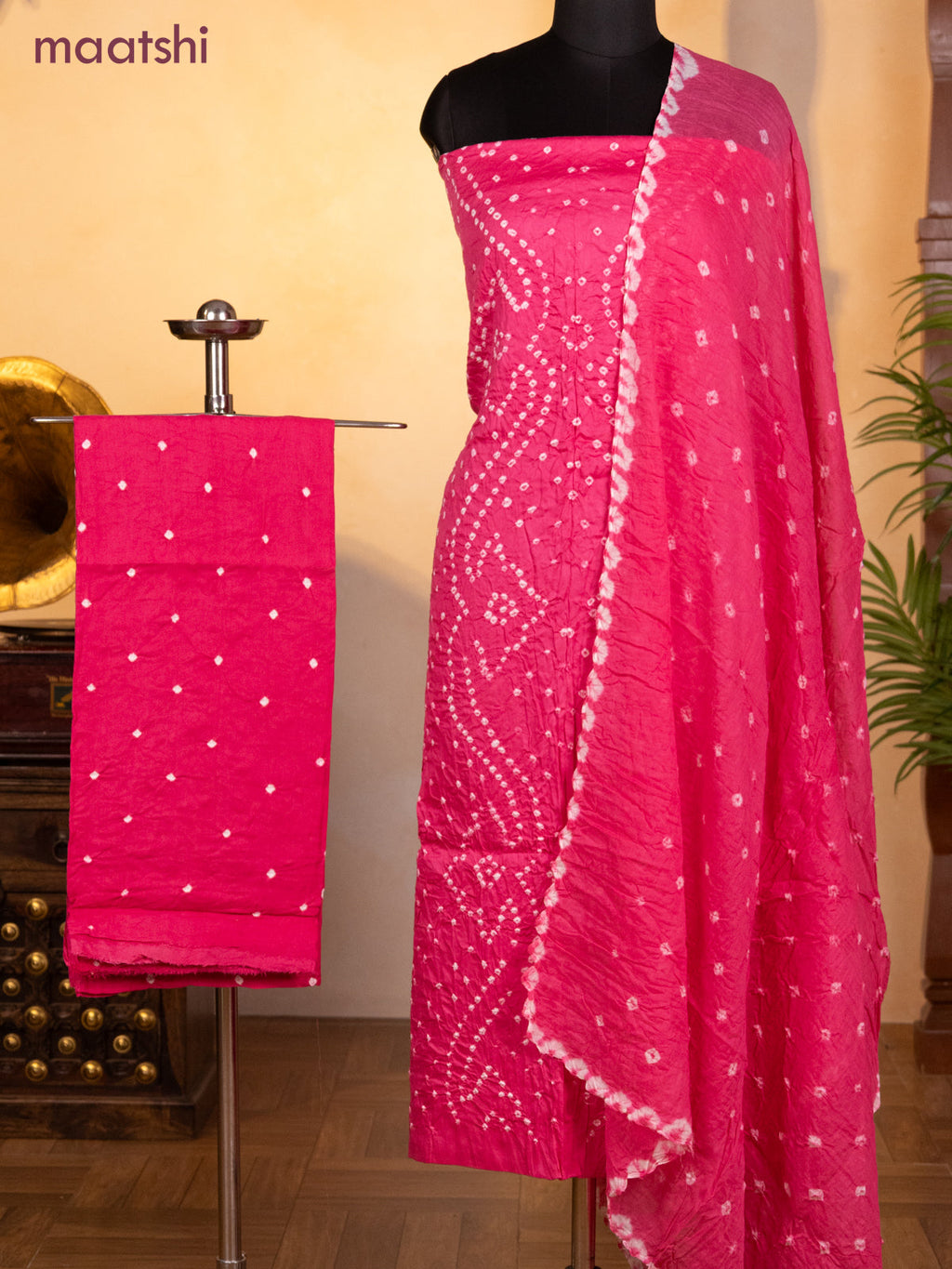 Bandhani dress materials light pink with allover bandhani prints and bottom & dupatta