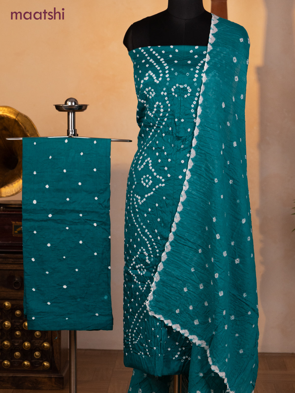 Bandhani dress materials teal green with allover bandhani prints and bottom & dupatta