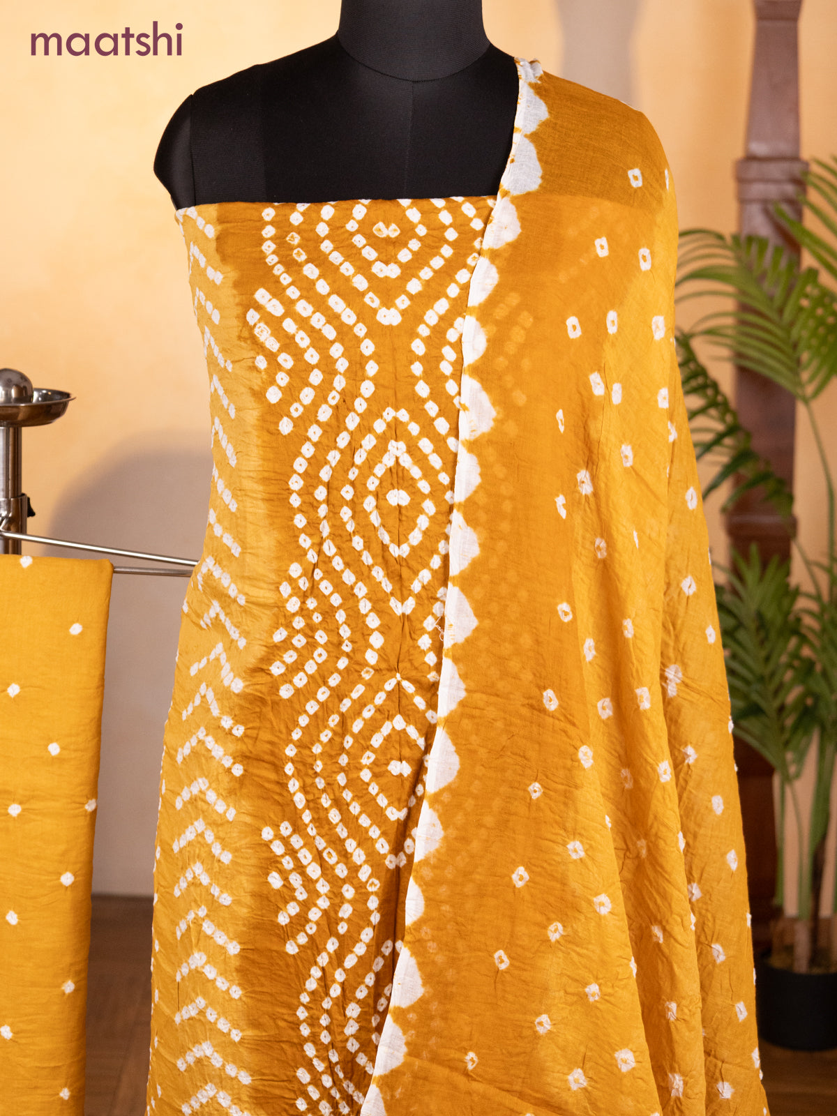 Bandhani dress materials dark mustard and mustard shade with allover bandhani prints and bottom & dupatta