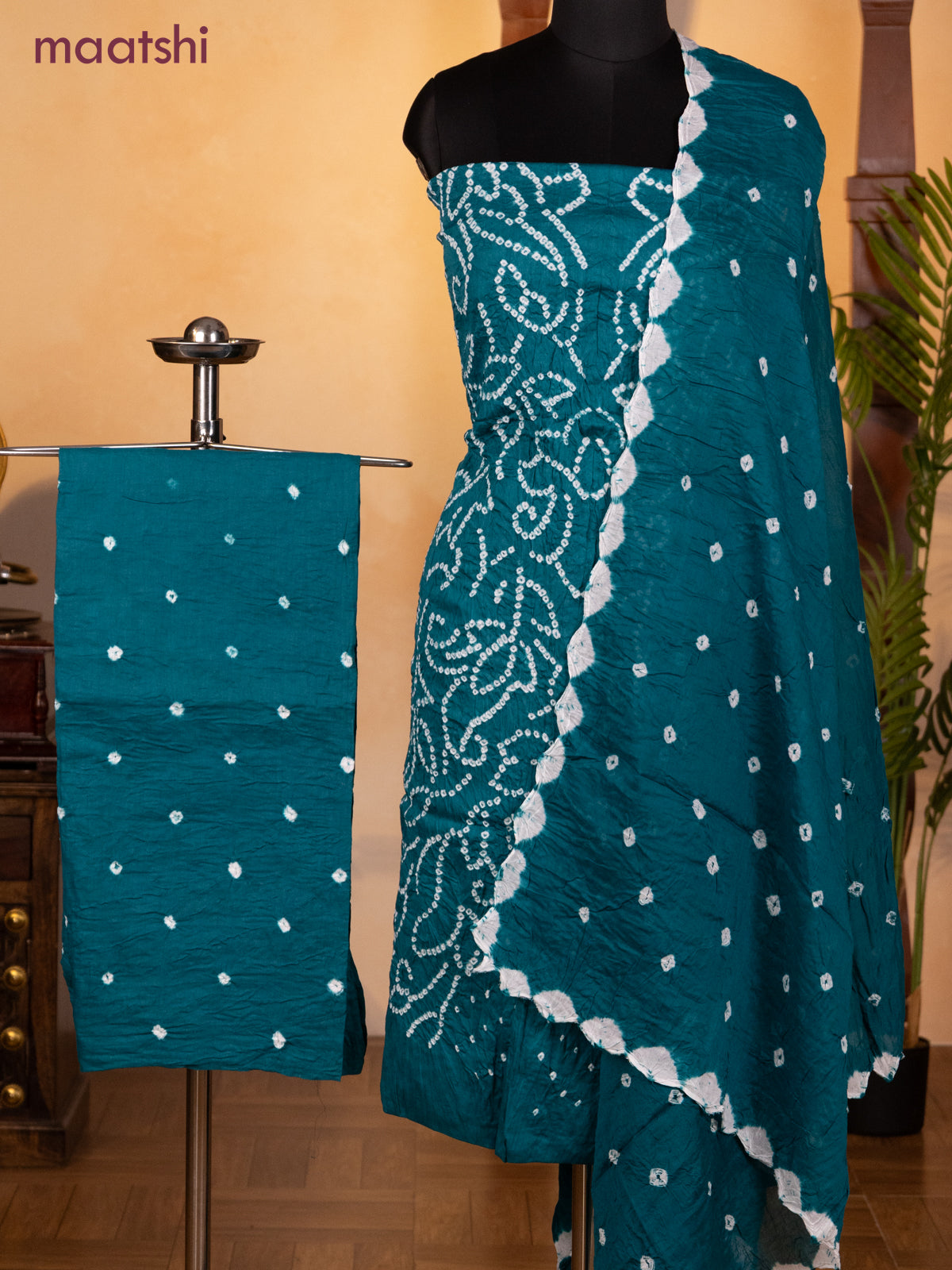Bandhani dress materials peacock green with allover bandhani prints and bottom & dupatta