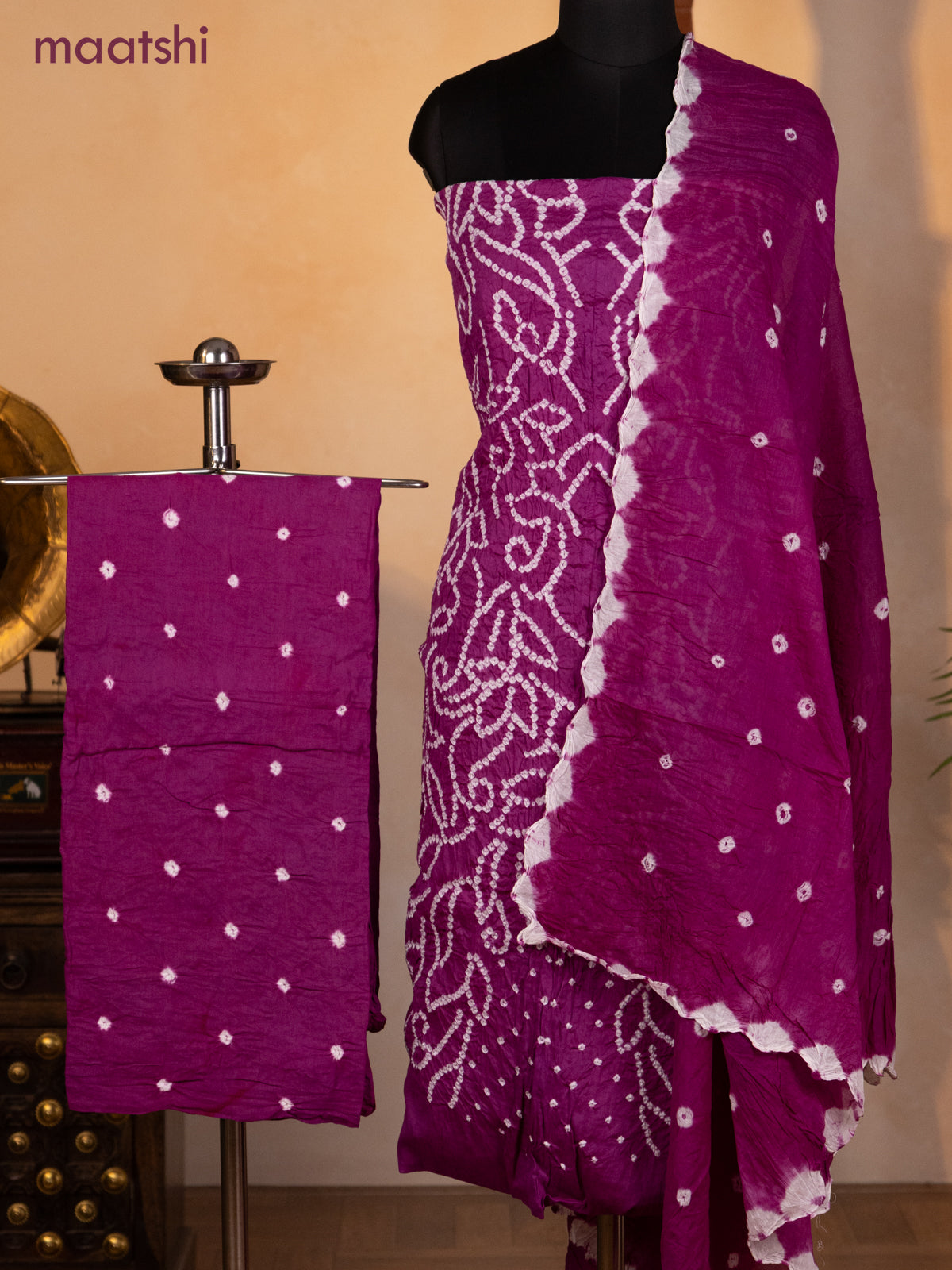 Bandhani dress materials purple with allover bandhani prints and bottom & dupatta