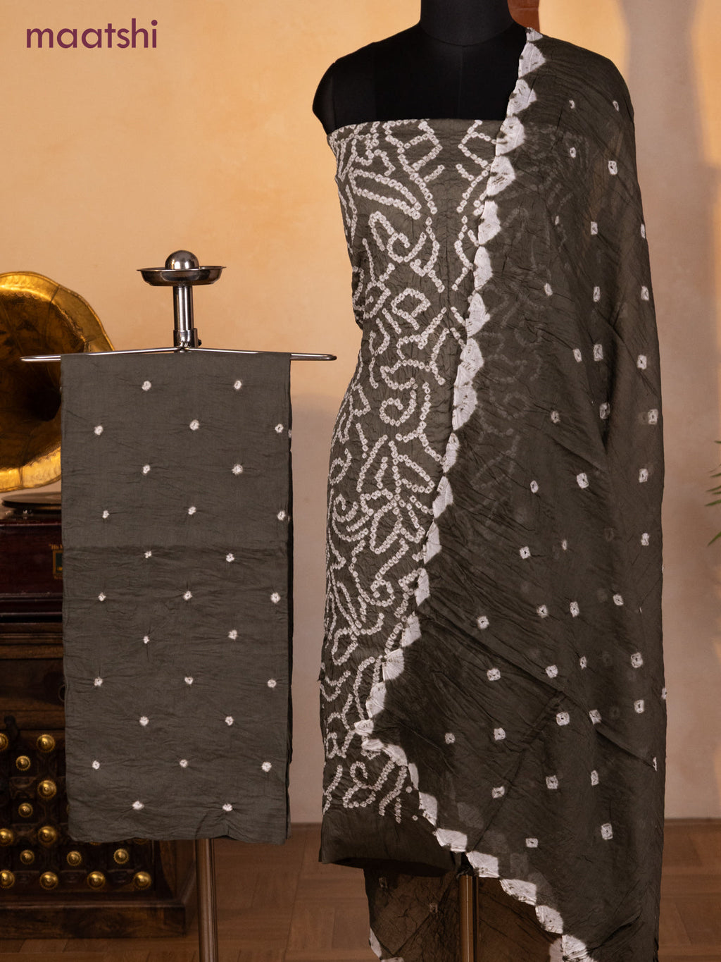 Bandhani dress materials grey shade with allover bandhani prints and bottom & dupatta