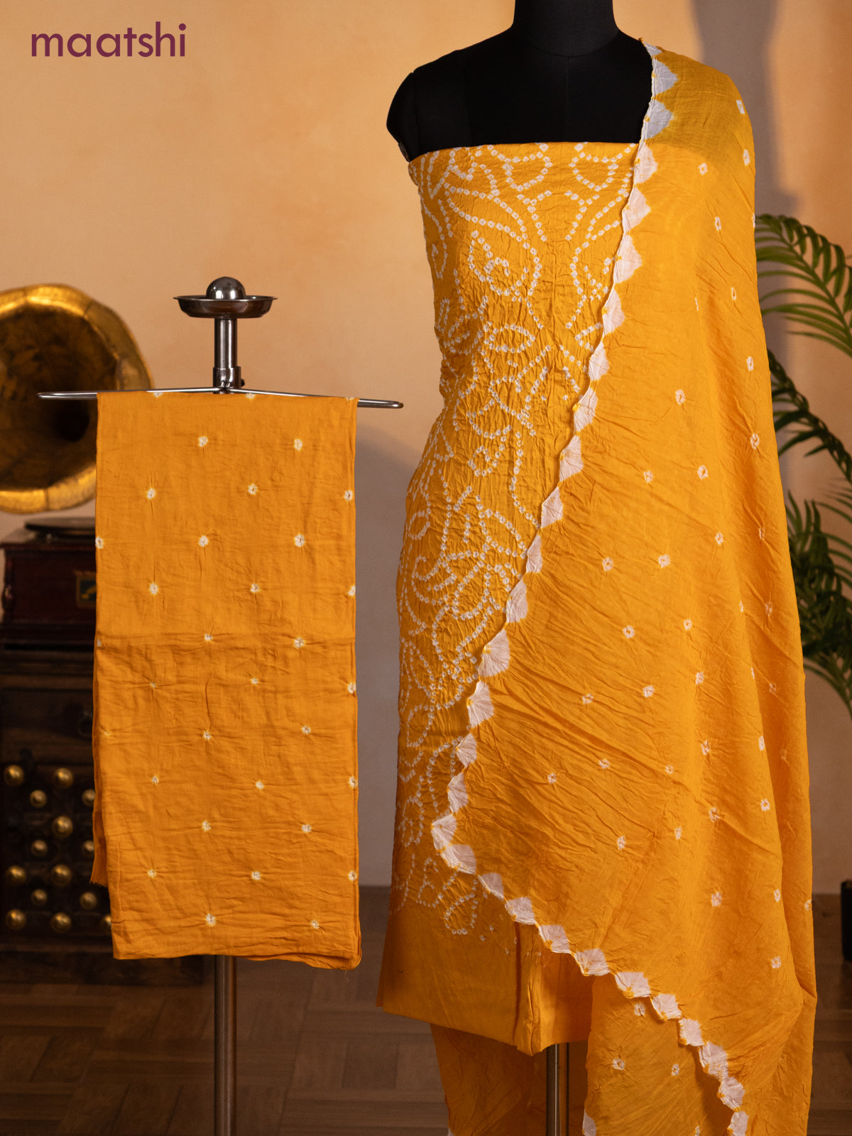 Bandhani dress materials mango yellow with allover bandhani prints and bottom & dupatta