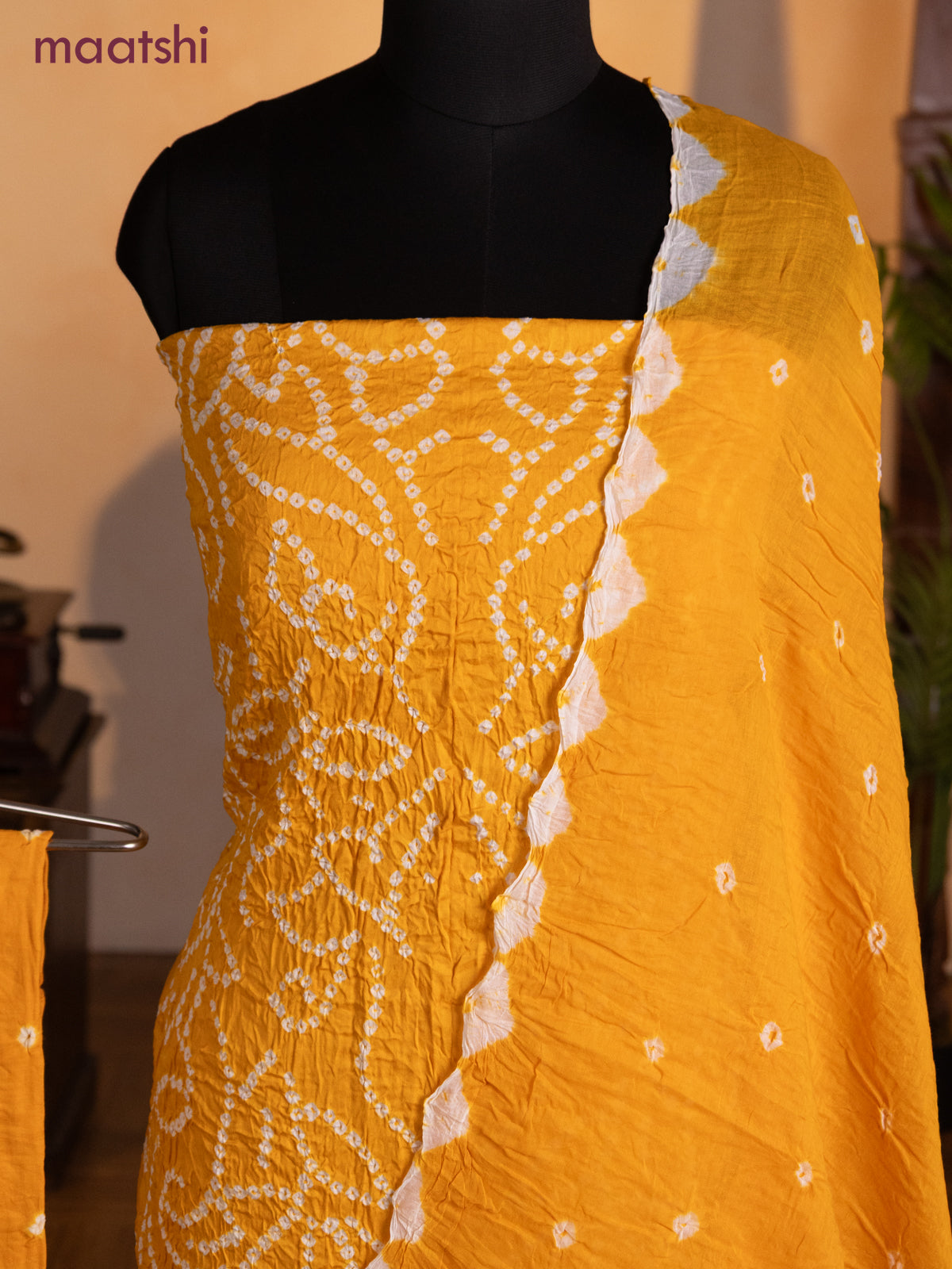 Bandhani dress materials mango yellow with allover bandhani prints and bottom & dupatta
