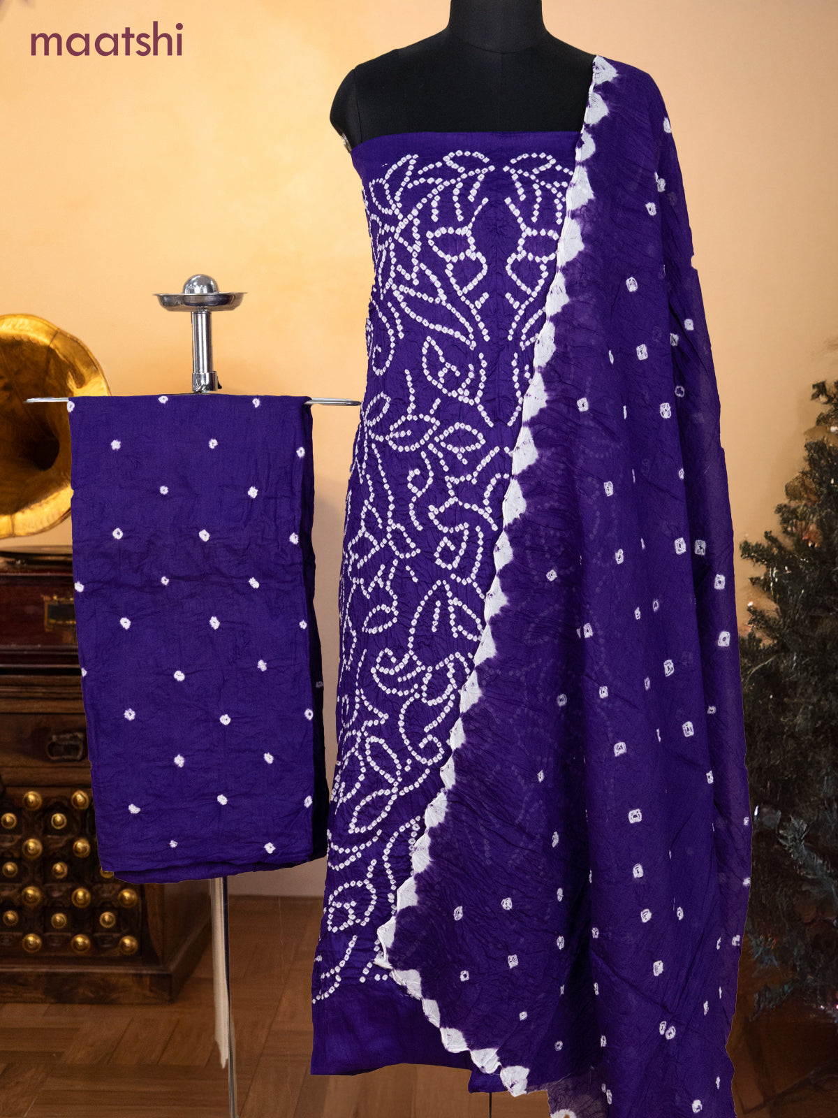 Bandhani dress materials violet with allover bandhani prints and bottom & dupatta