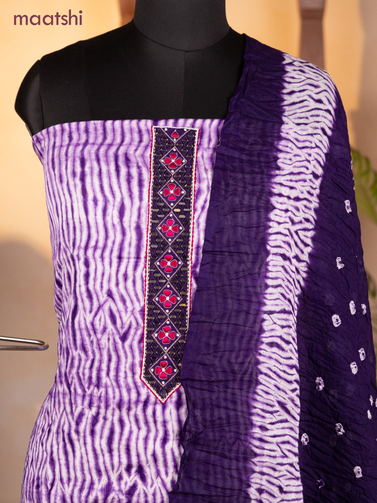 Bandhani dress materials off white and violet with shibori prints & mirror embroidery work neck pattern and bottom & dupatta