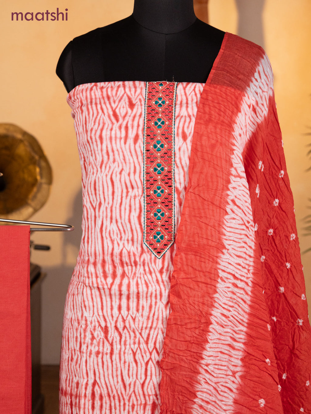 Bandhani dress materials off white and red shade with shibori prints & mirror embroidery work neck pattern and bottom & dupatta
