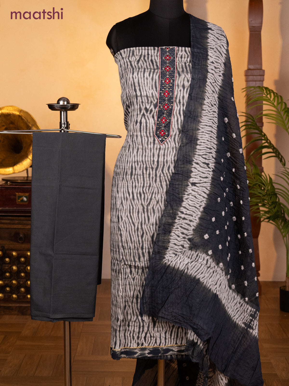 Bandhani dress materials off white and grey with shibori prints & mirror embroidery work neck pattern and bottom & dupatta