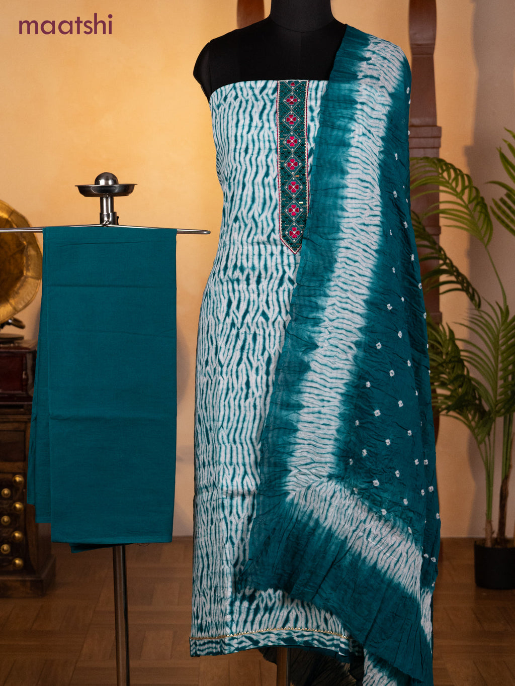 Bandhani dress materials off white and teal green with shibori prints & mirror embroidery work neck pattern and bottom & dupatta