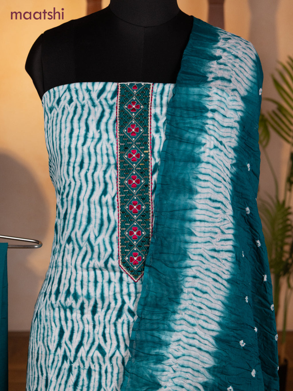 Bandhani dress materials off white and teal green with shibori prints & mirror embroidery work neck pattern and bottom & dupatta