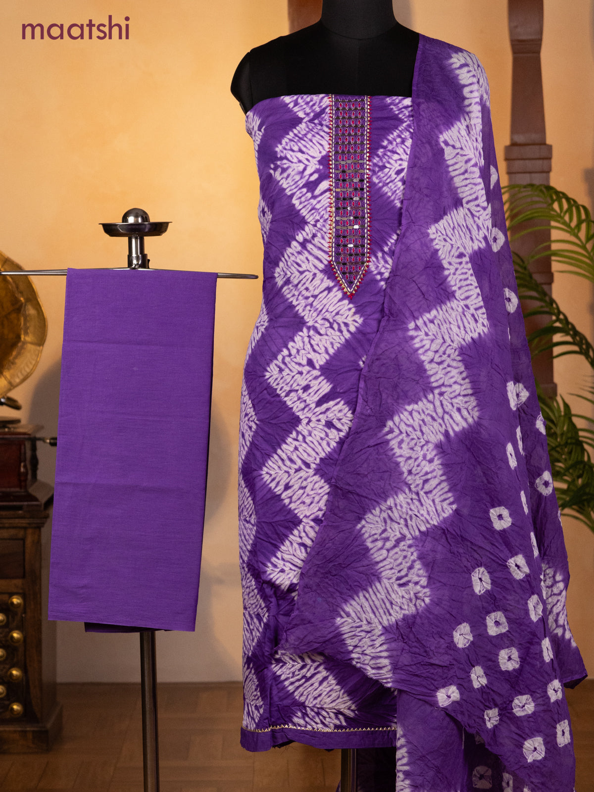 Bandhani dress materials lavener shade and off white with shibori prints & mirror embroidery work neck pattern and bottom & dupatta