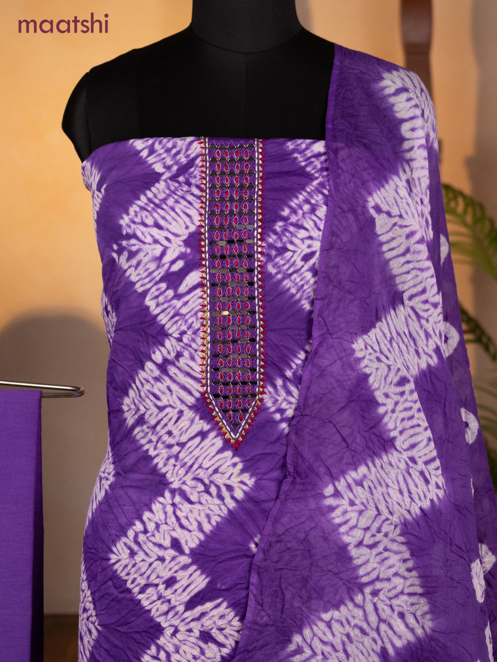 Bandhani dress materials lavener shade and off white with shibori prints & mirror embroidery work neck pattern and bottom & dupatta