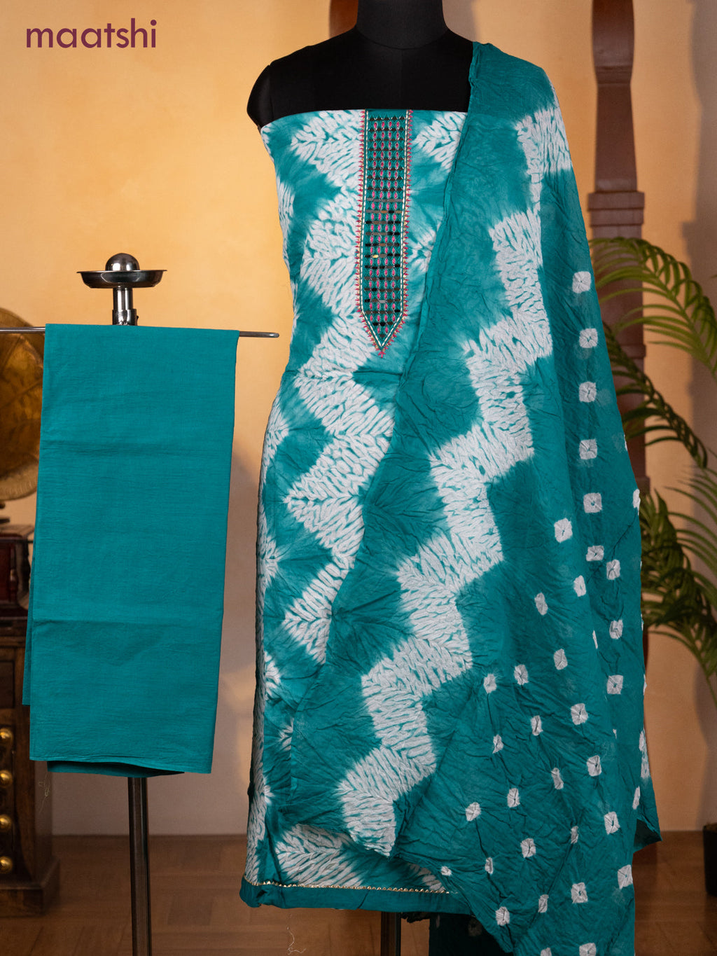 Bandhani dress materials teal green and off white with shibori prints & mirror embroidery work neck pattern and bottom & dupatta
