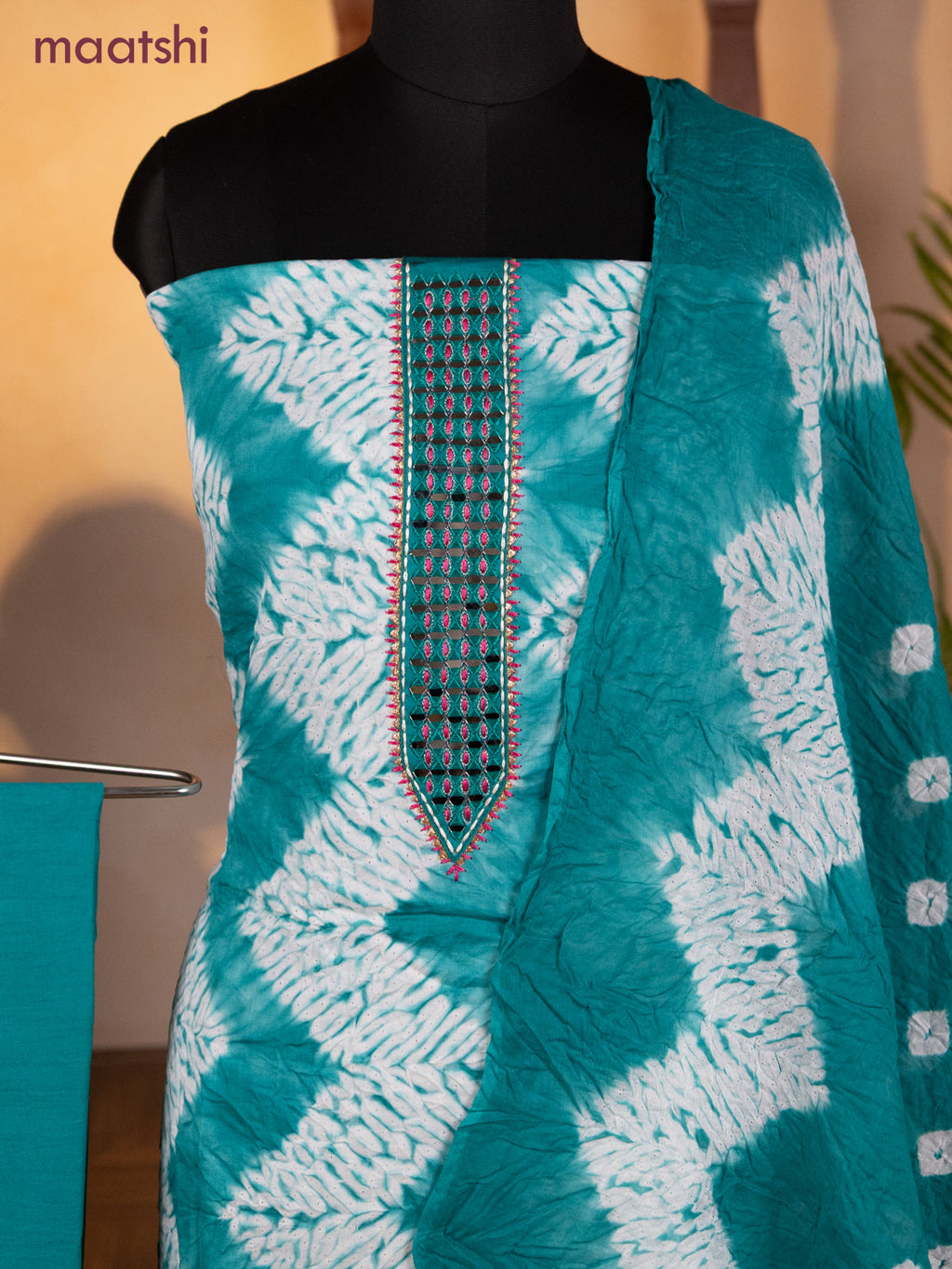 Bandhani dress materials teal green and off white with shibori prints & mirror embroidery work neck pattern and bottom & dupatta