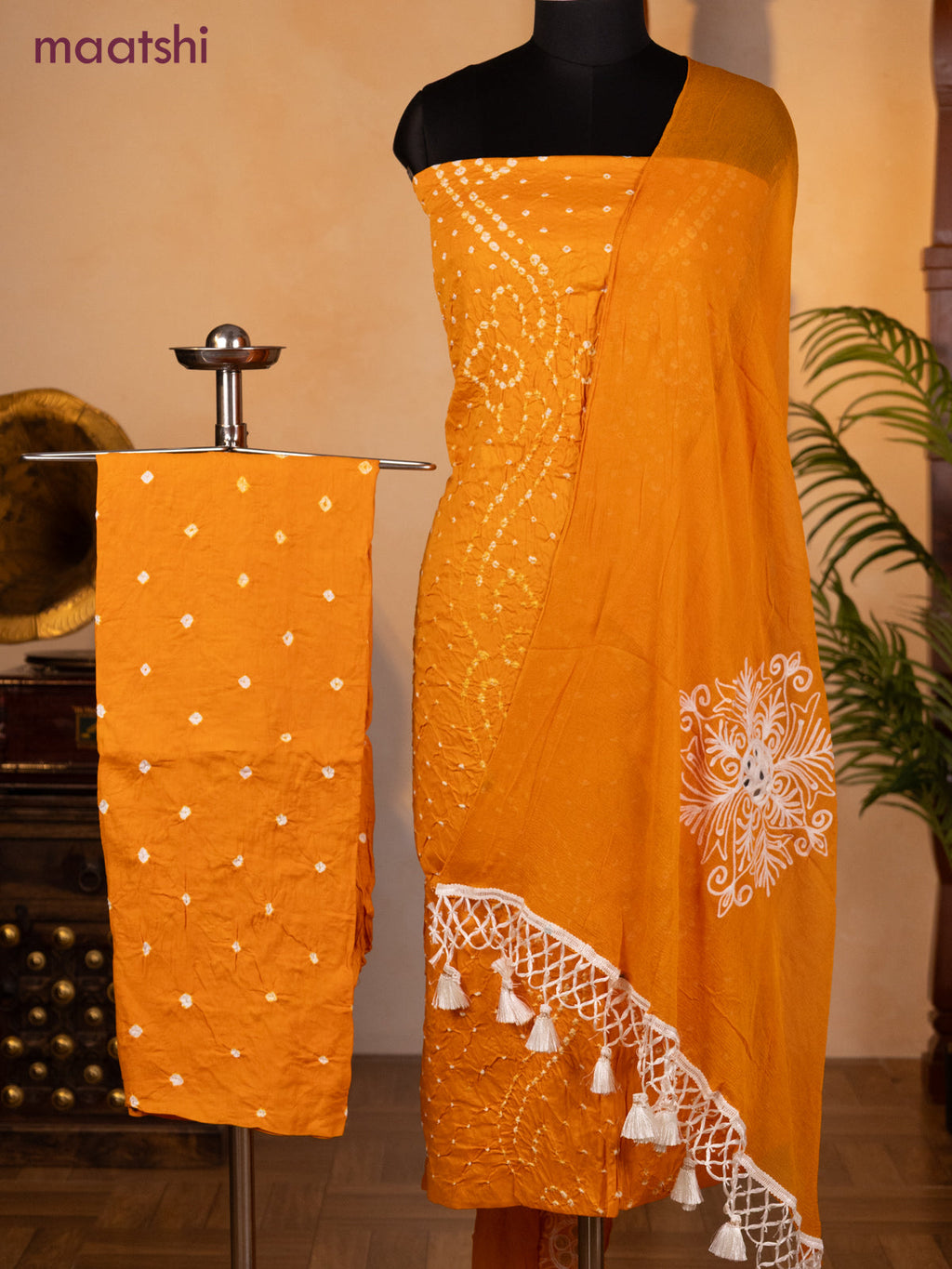 Bandhani dress materials mango yellow with allover bandhani prints and bottom & chiffon dupatta