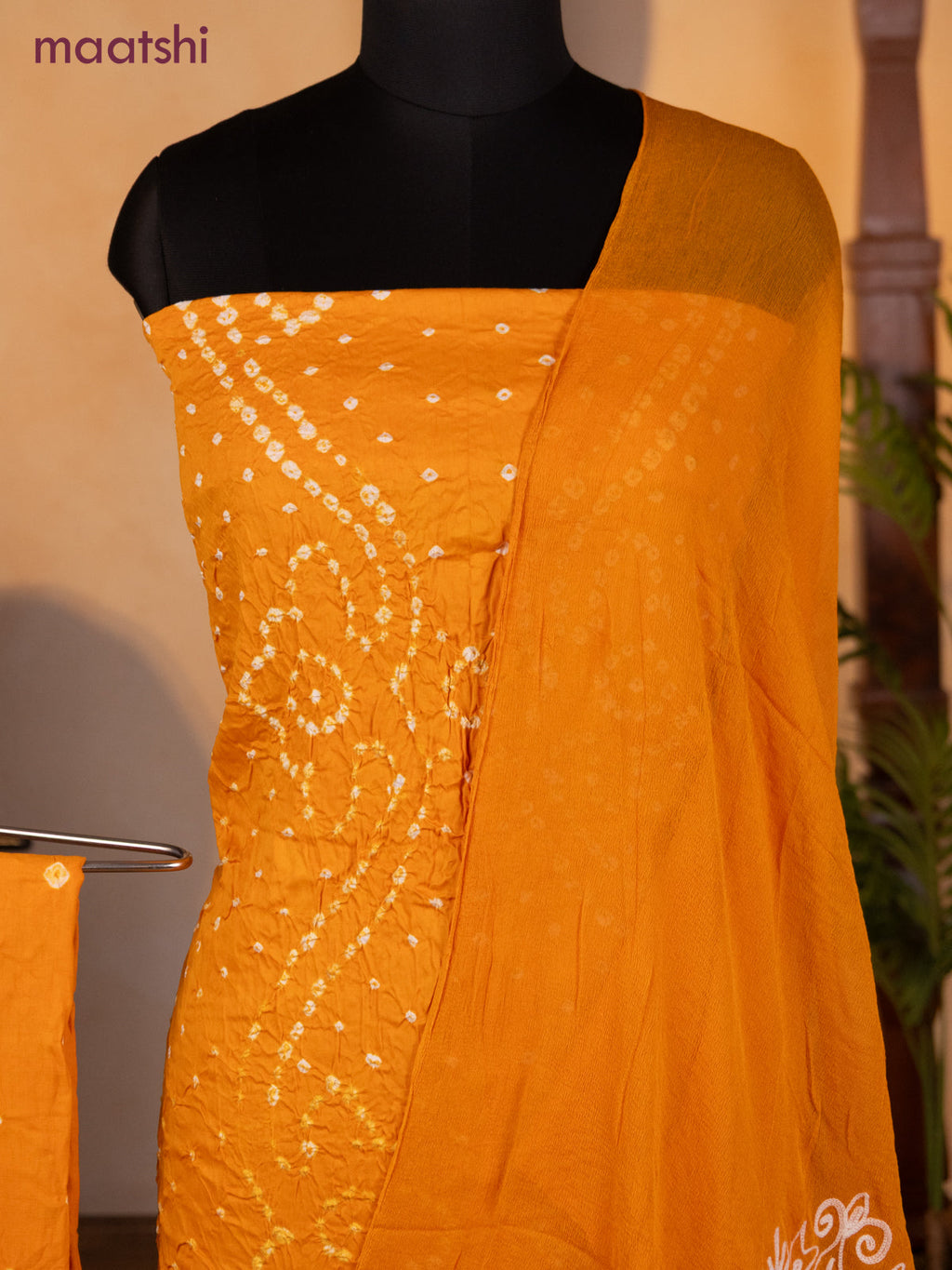 Bandhani dress materials mango yellow with allover bandhani prints and bottom & chiffon dupatta