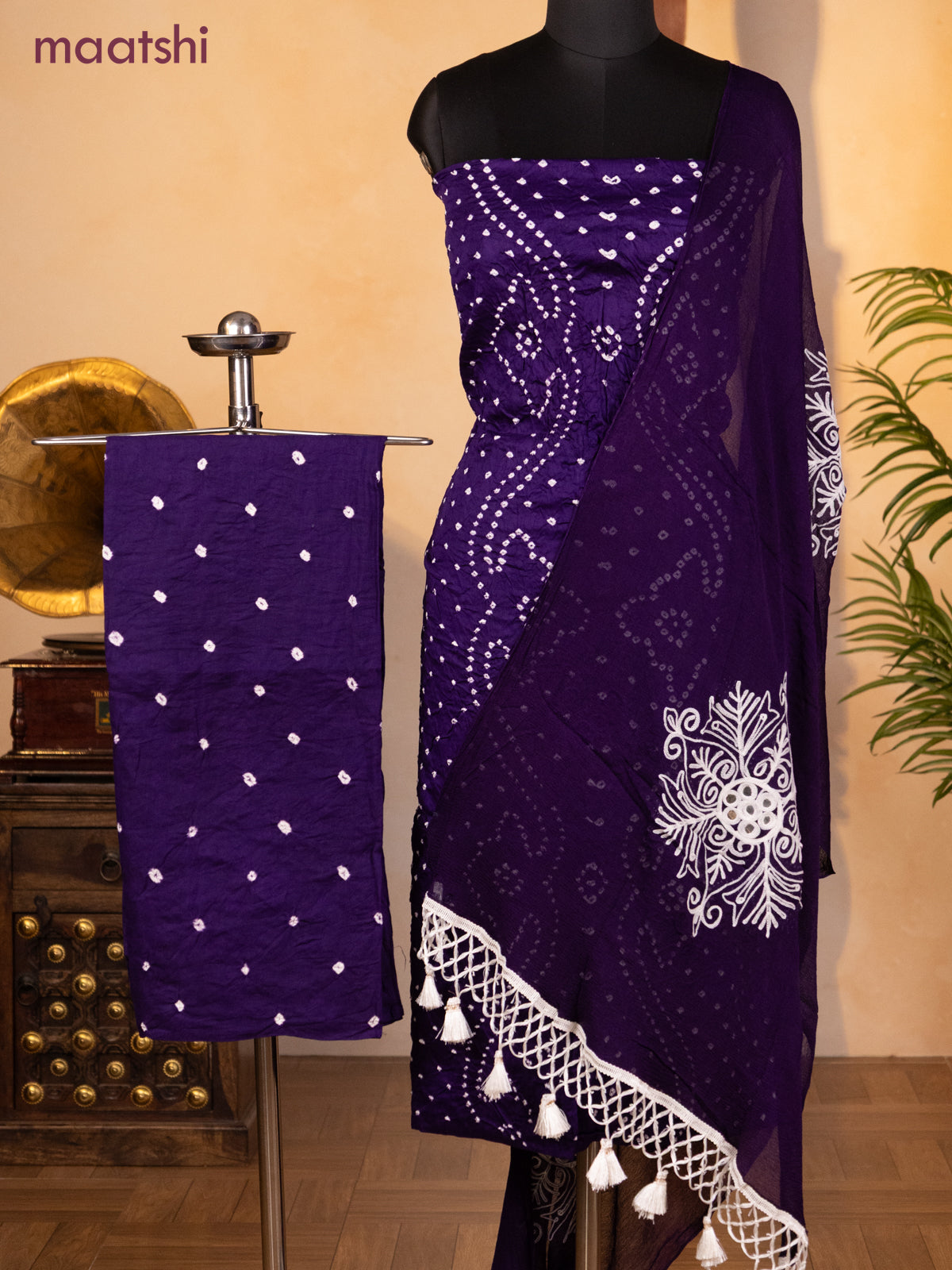Bandhani dress materials deep violet with allover bandhani prints and bottom & chiffon dupatta