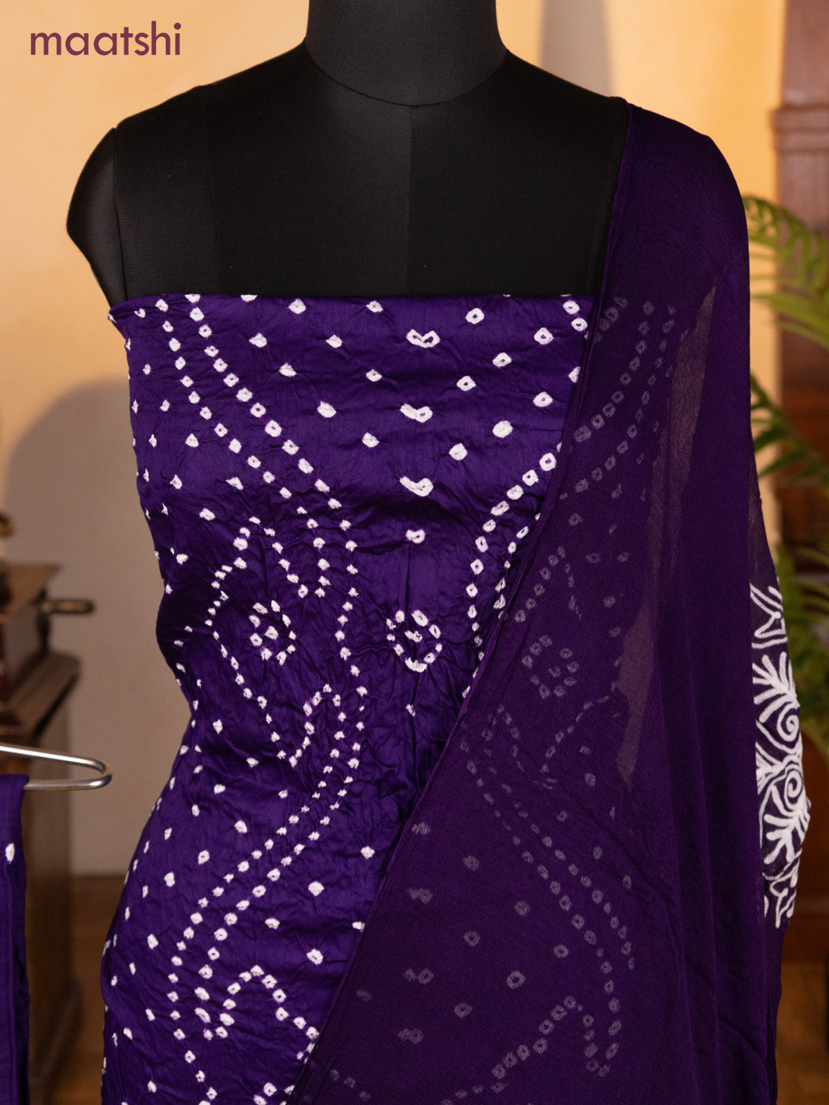 Bandhani dress materials deep violet with allover bandhani prints and bottom & chiffon dupatta