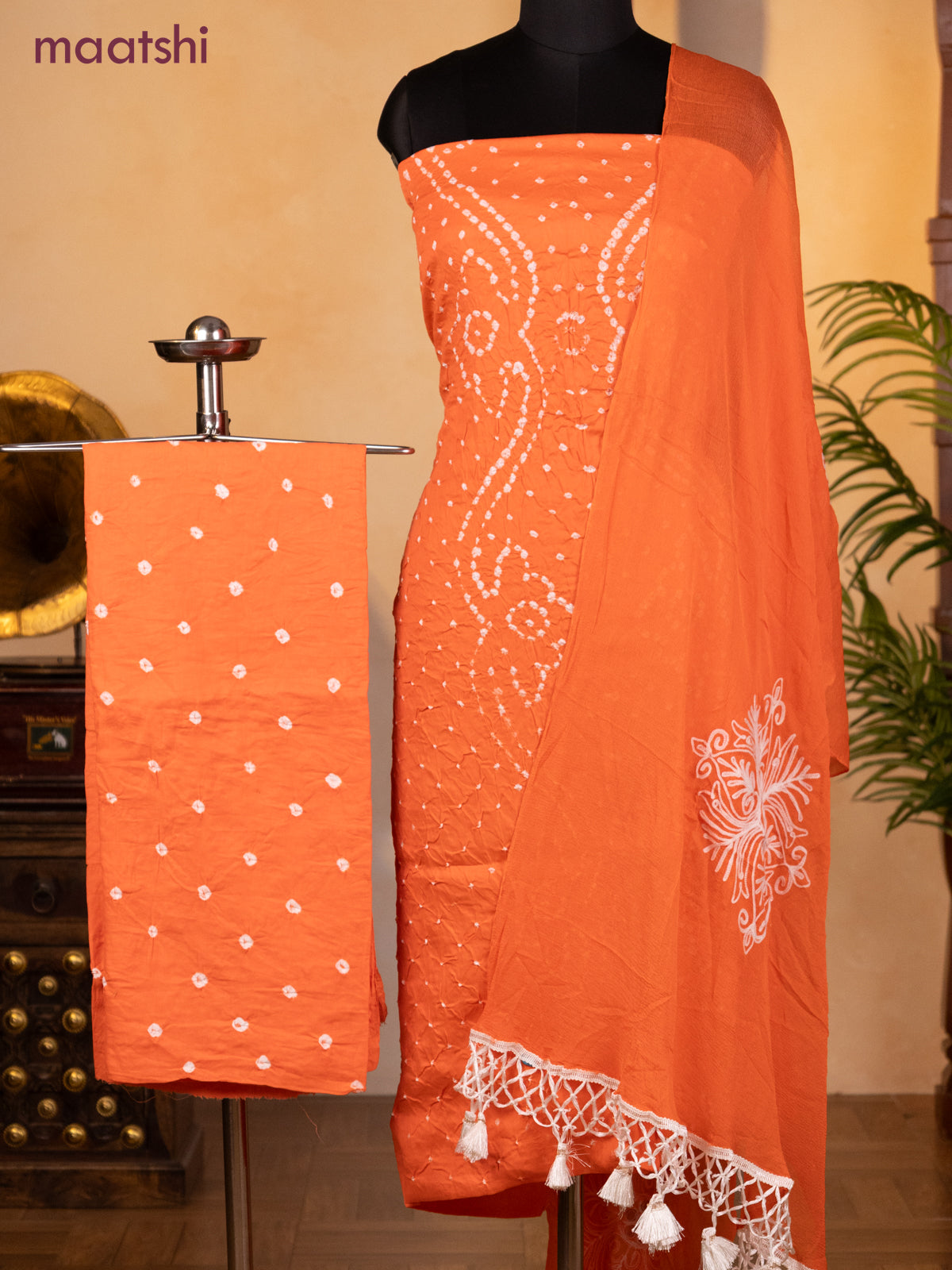 Bandhani dress materials orange with allover bandhani prints and bottom & chiffon dupatta