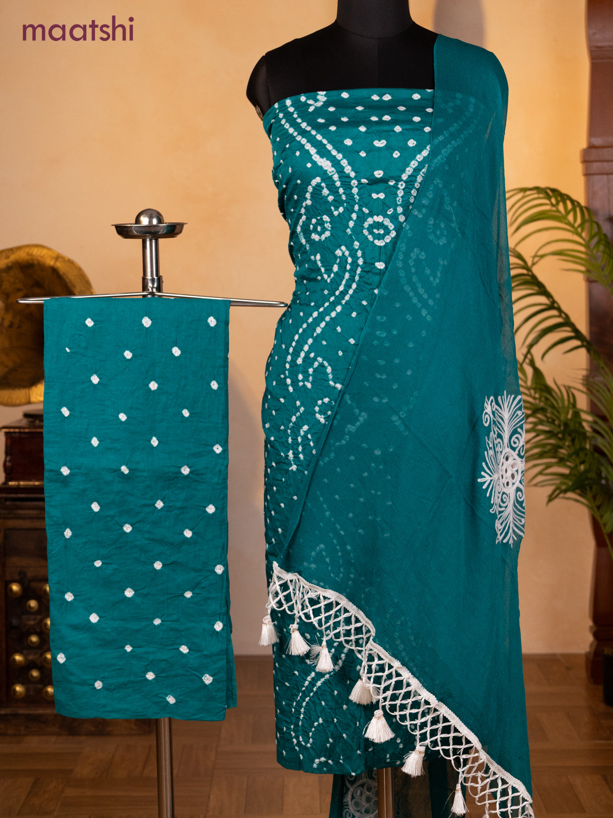 Bandhani dress materials teal green with allover bandhani prints and bottom & chiffon dupatta