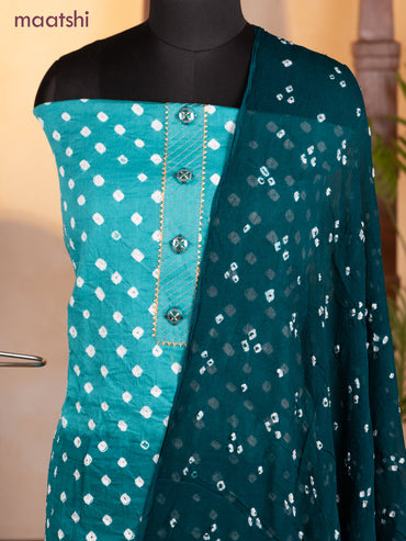 Bandhani dress materials teal green and peacock green with bandhani prints & gotapatti lace work neck pattern and bottom & chiffon dupatta