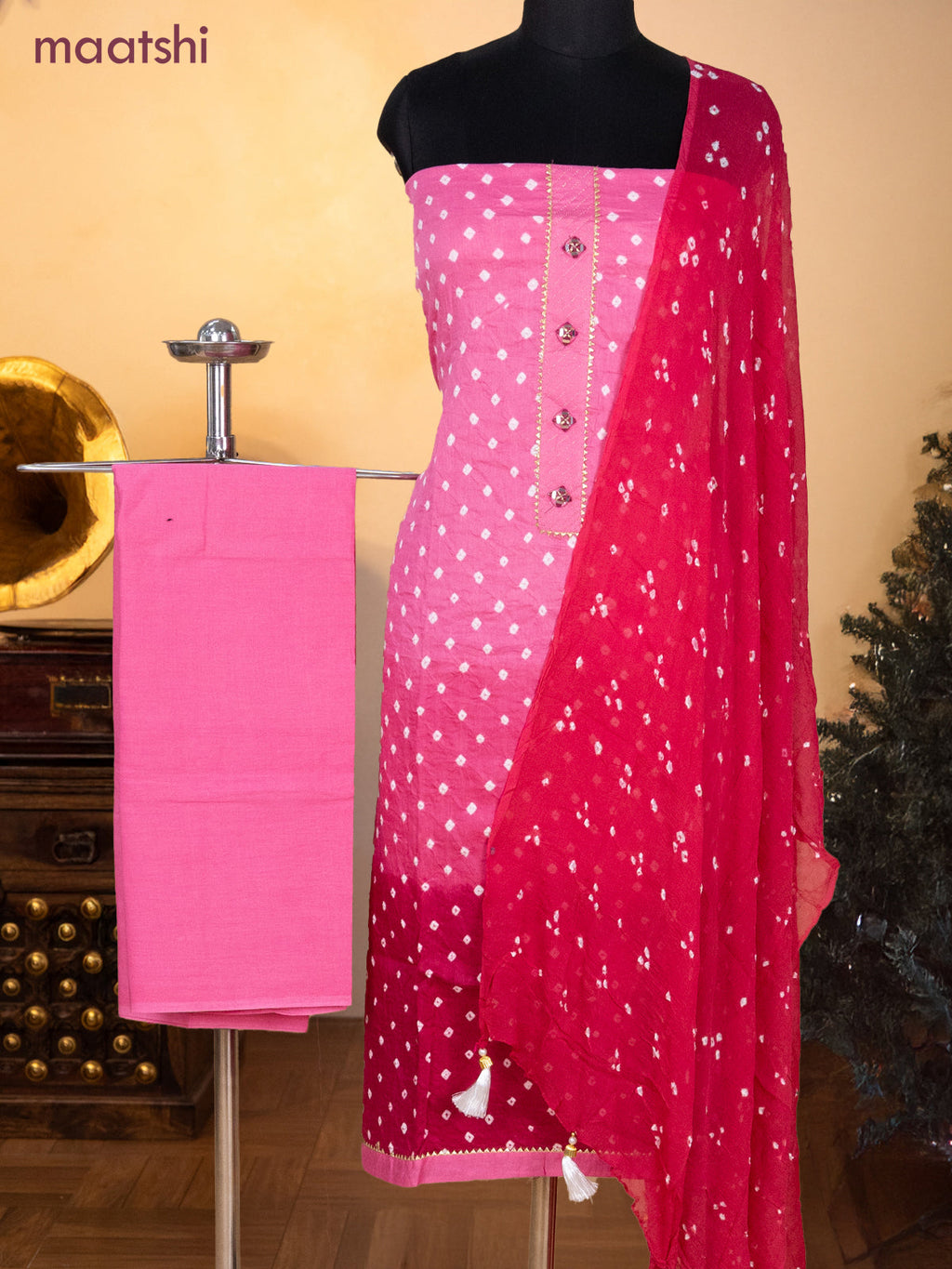 Bandhani dress materials light pink and pink with bandhani prints & gotapatti lace work neck pattern and bottom & chiffon dupatta