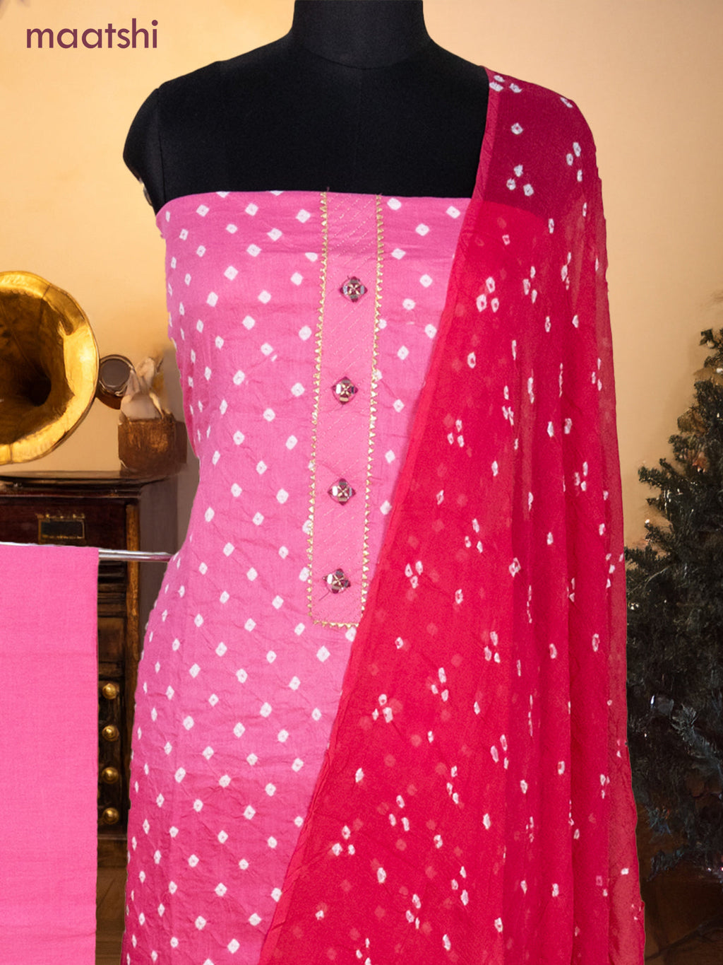 Bandhani dress materials light pink and pink with bandhani prints & gotapatti lace work neck pattern and bottom & chiffon dupatta