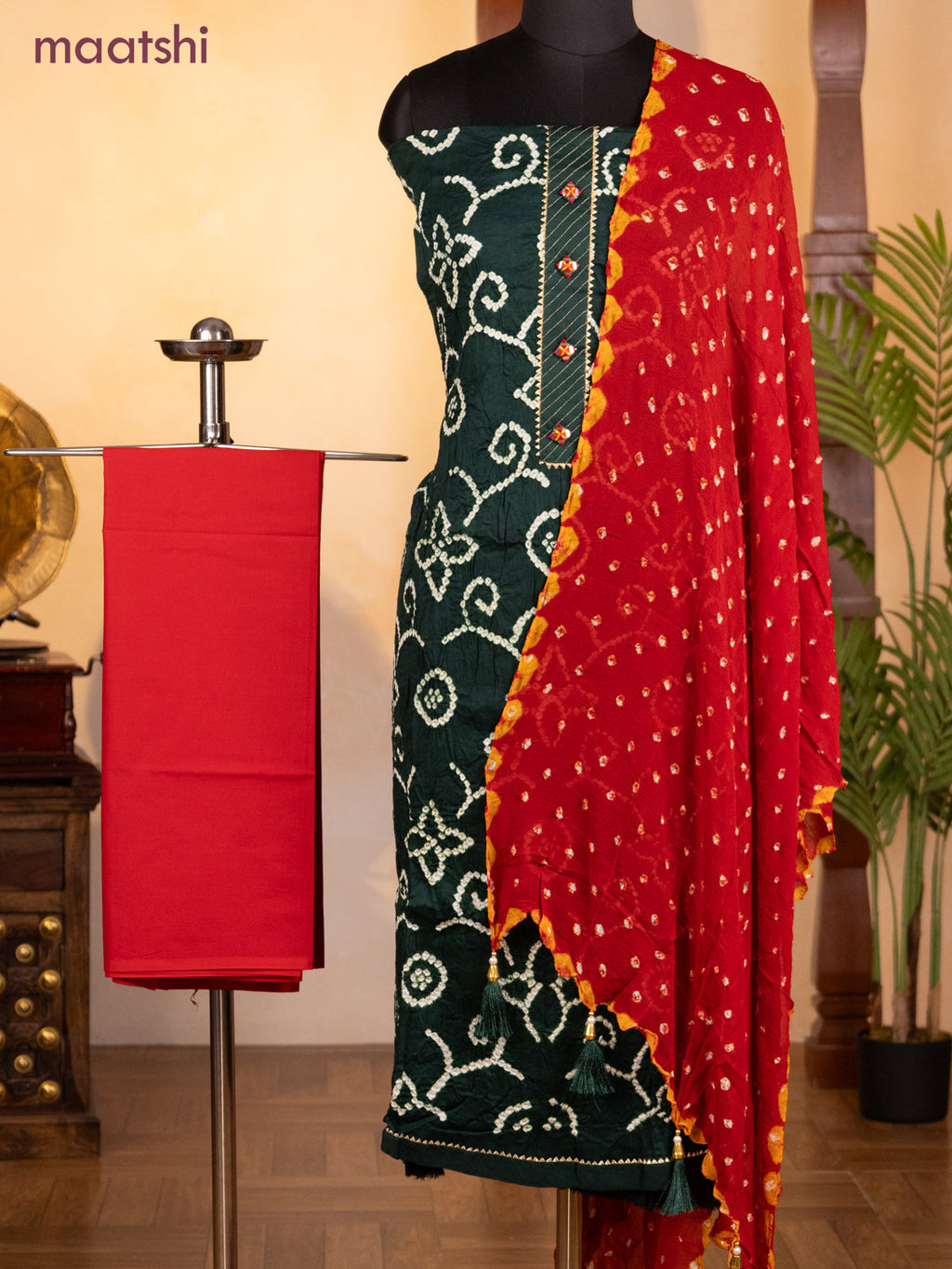Bandhani dress materials bottle green and red with bandhani prints & gotapatti lace work neck pattern and bottom & chiffon dupatta