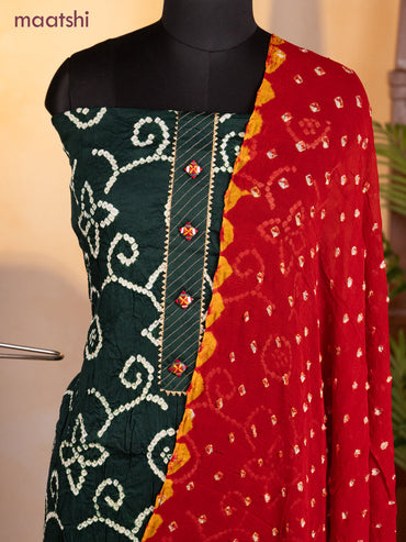 Bandhani dress materials bottle green and red with bandhani prints & gotapatti lace work neck pattern and bottom & chiffon dupatta