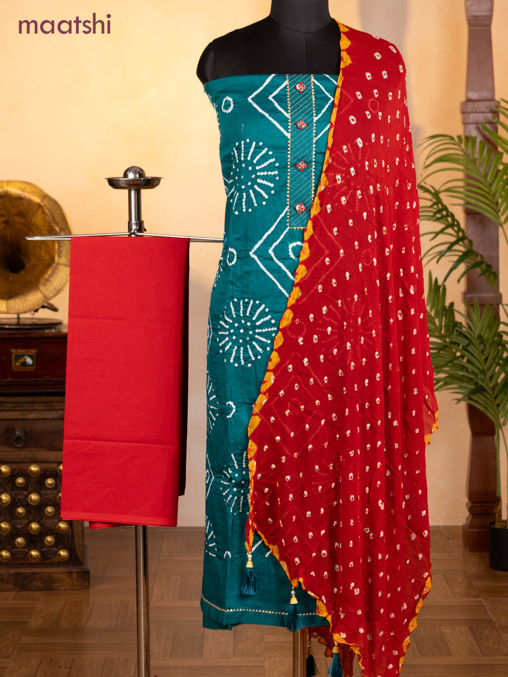 Bandhani dress materials teal green and red with bandhani prints & gotapatti lace work neck pattern and bottom & chiffon dupatta