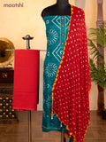 Bandhani dress materials teal green and red with bandhani prints & gotapatti lace work neck pattern and bottom & chiffon dupatta