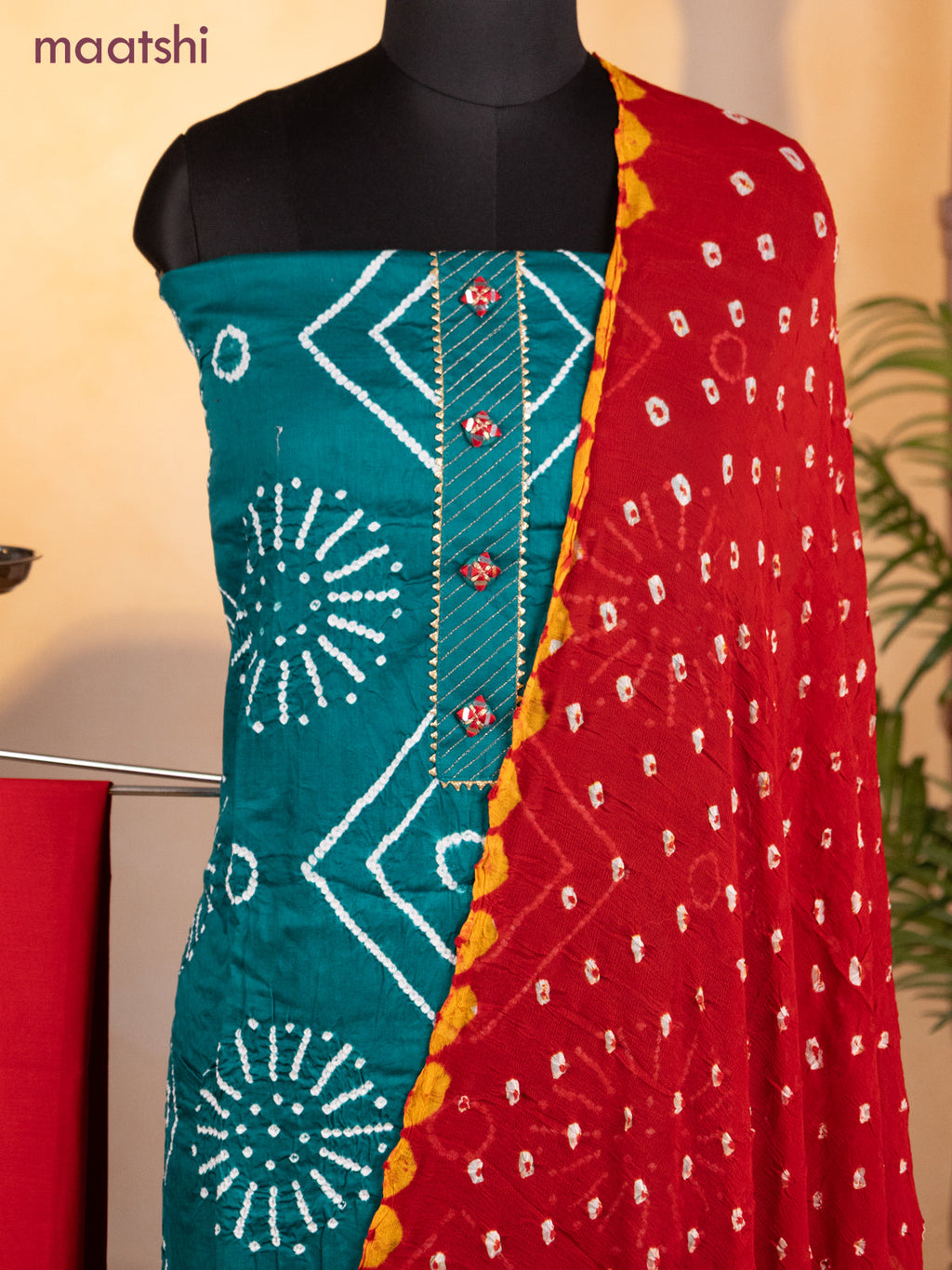Bandhani dress materials teal green and red with bandhani prints & gotapatti lace work neck pattern and bottom & chiffon dupatta
