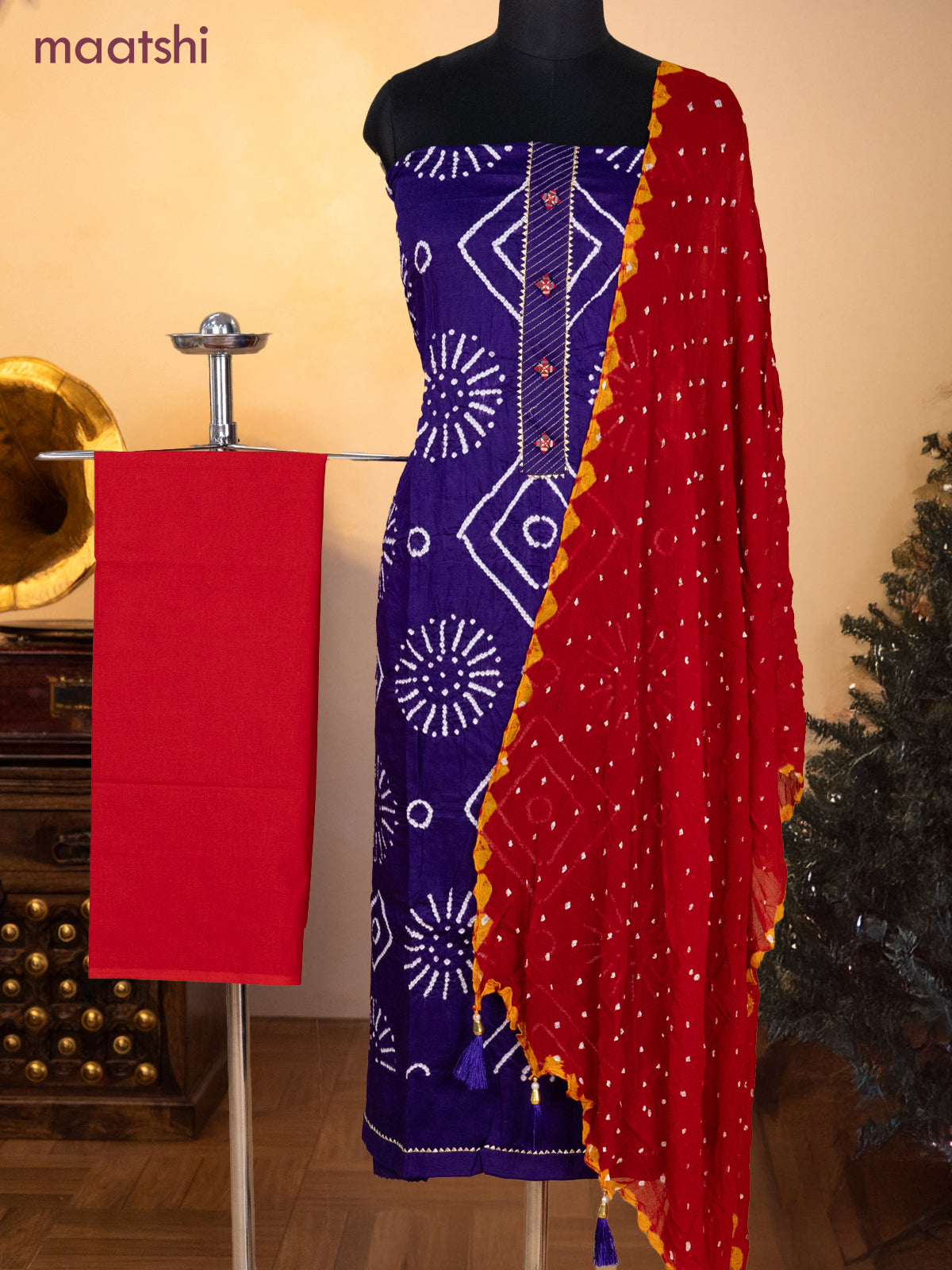 Bandhani dress materials violet and red with bandhani prints & gotapatti lace work neck pattern and bottom & chiffon dupatta