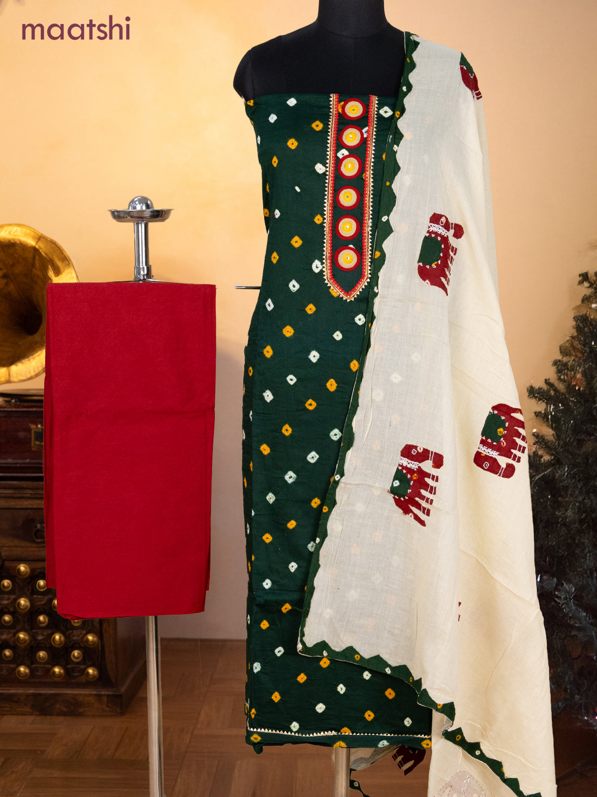 Bandhani dress materials bottle green and red with bandhani prints & gotapatti lace work neck pattern and bottom & dupatta
