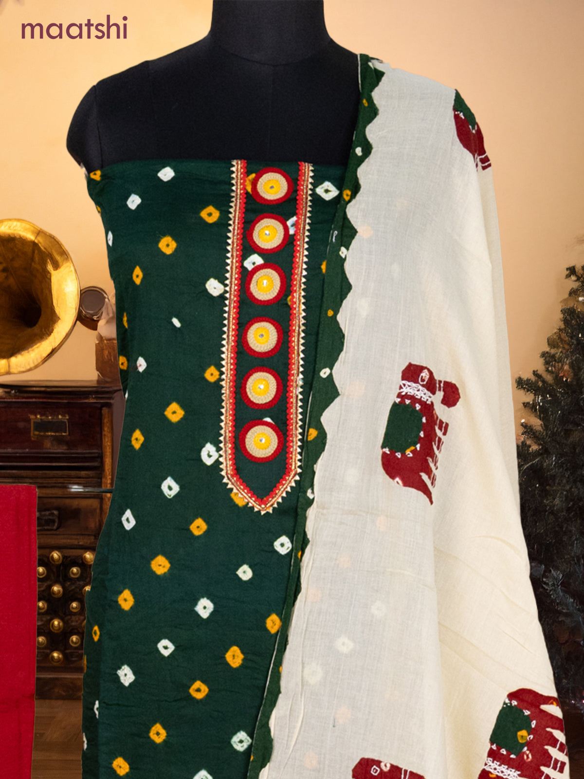 Bandhani dress materials bottle green and red with bandhani prints & gotapatti lace work neck pattern and bottom & dupatta