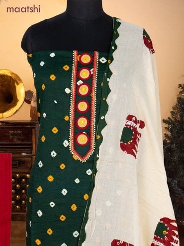 Bandhani dress materials bottle green and red with bandhani prints & gotapatti lace work neck pattern and bottom & dupatta