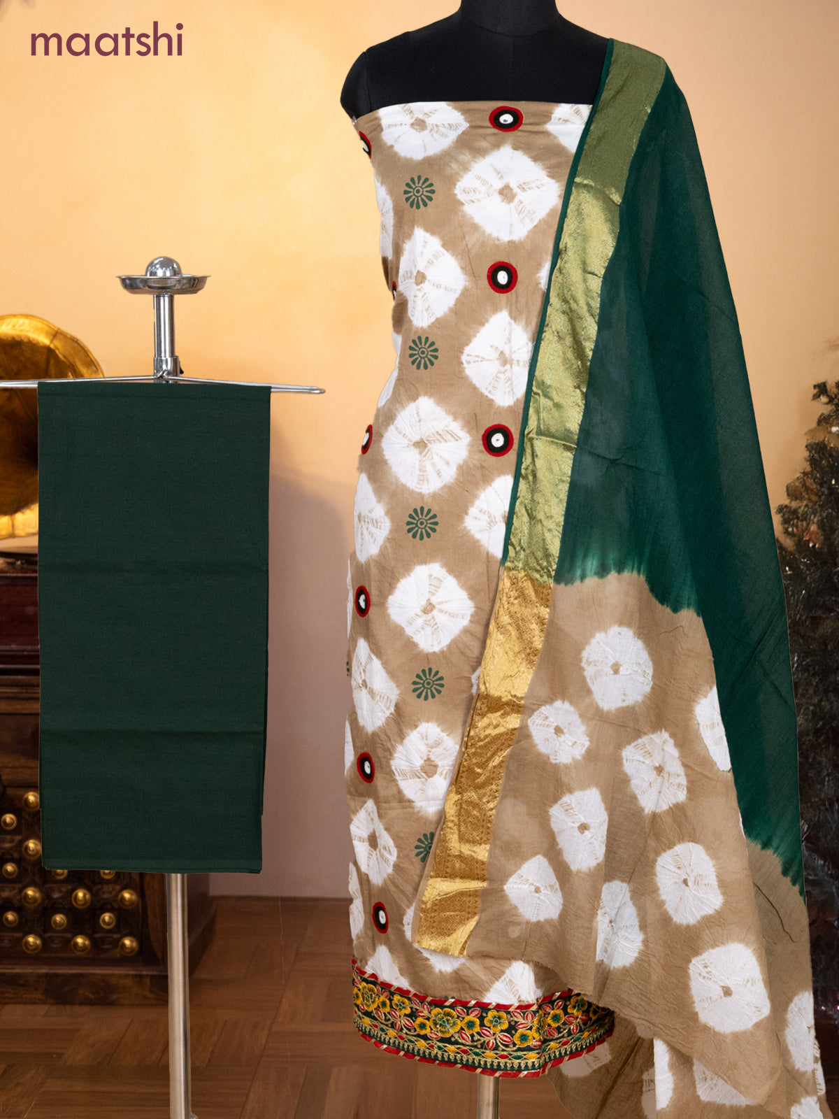 Bandhani dress materials beige and peacock green with tie & dye prints embroidery work and bottom & dupatta