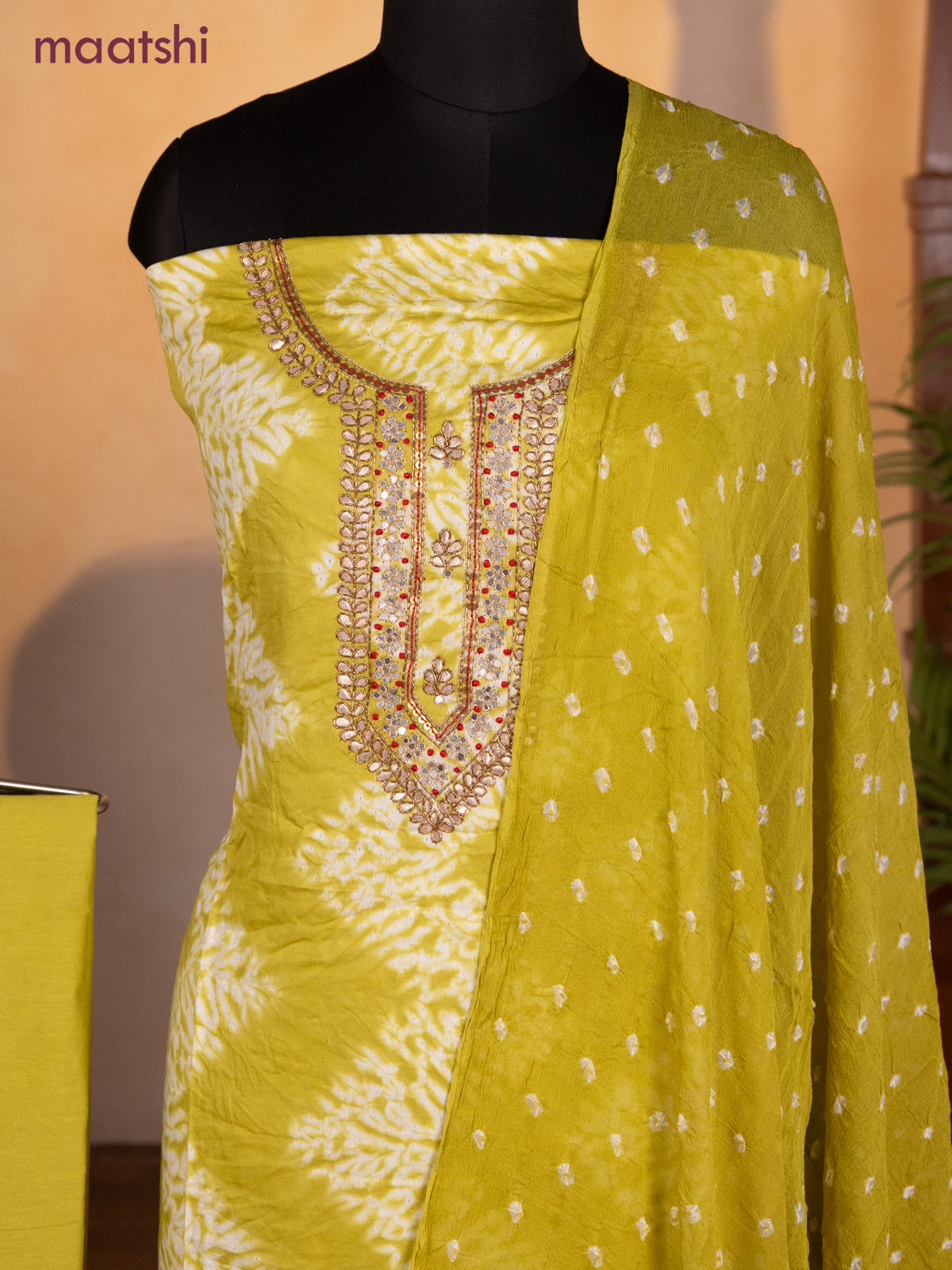 Bandhani dress materials lime green with shibori prints & zardosi work neck pattern and bottom & chiffon dupatta