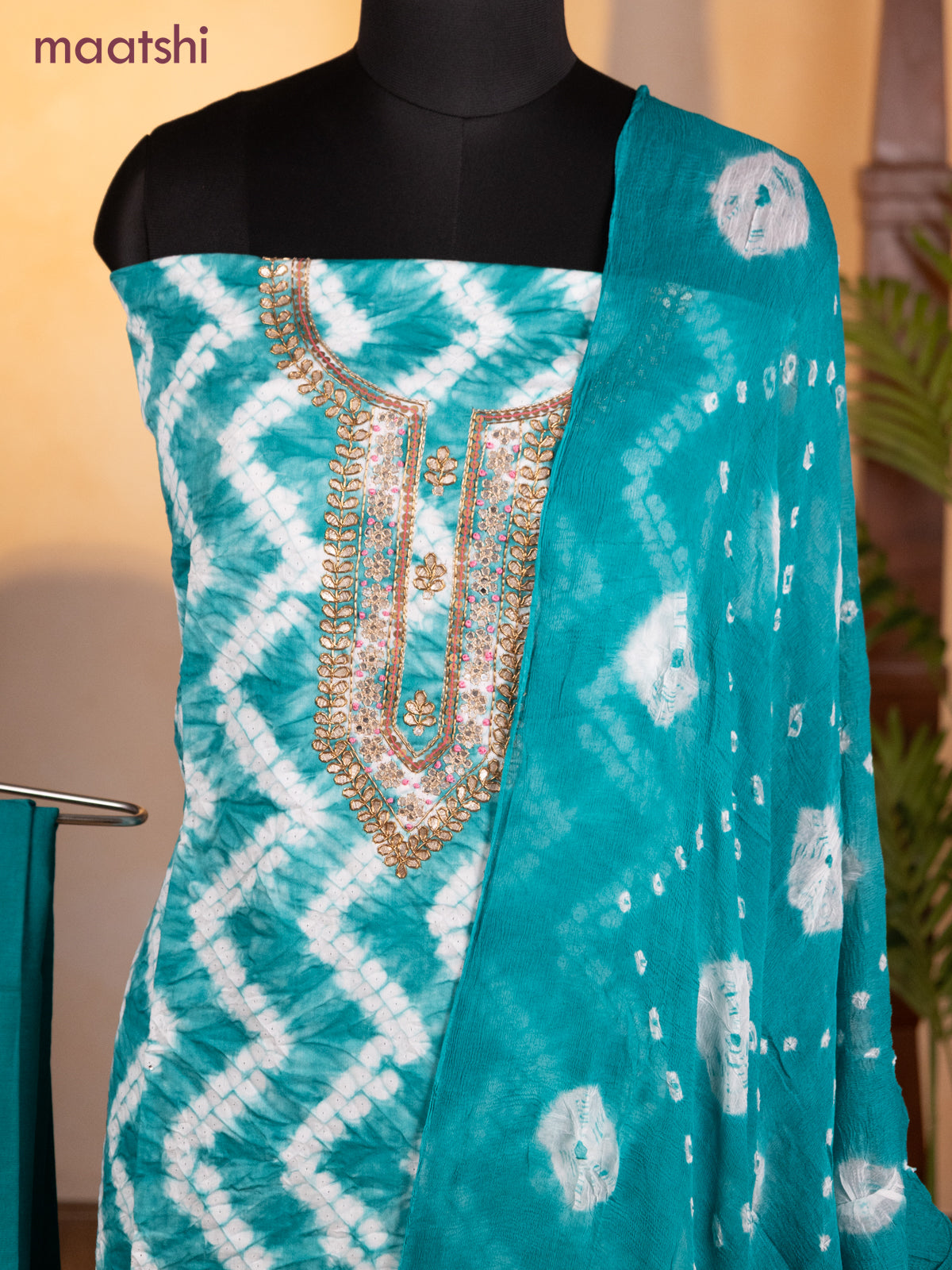 Bandhani dress materials teal green with shibori prints & zardosi work neck pattern and bottom & chiffon dupatta