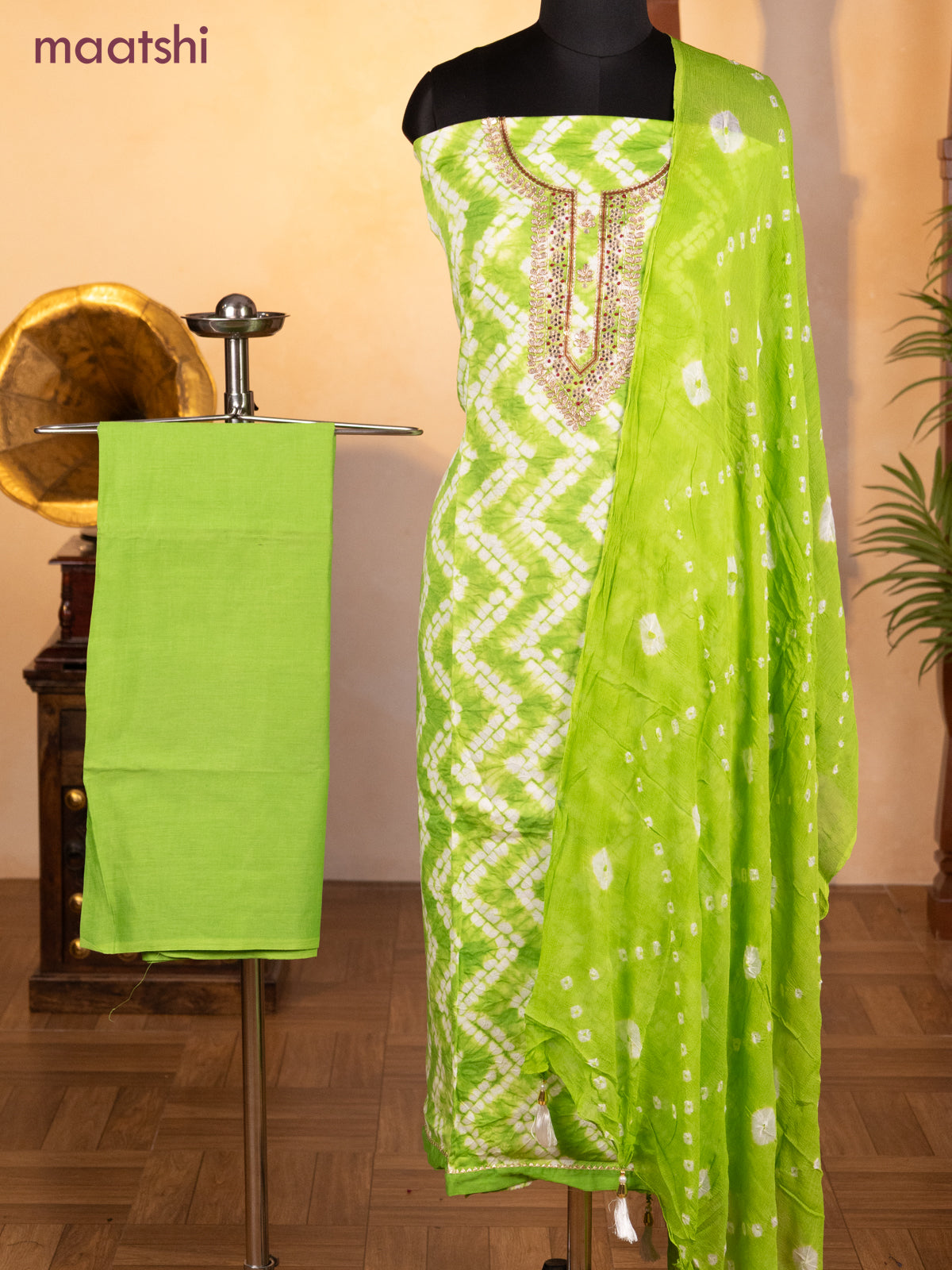 Bandhani dress materials light green with shibori prints & zardosi work neck pattern and bottom & chiffon dupatta