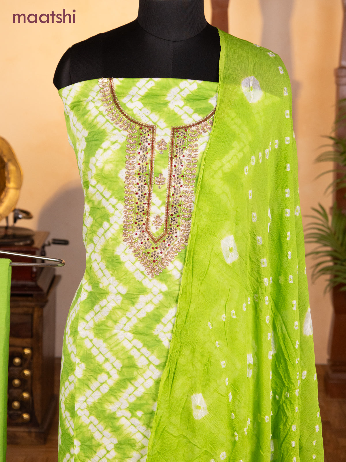 Bandhani dress materials light green with shibori prints & zardosi work neck pattern and bottom & chiffon dupatta