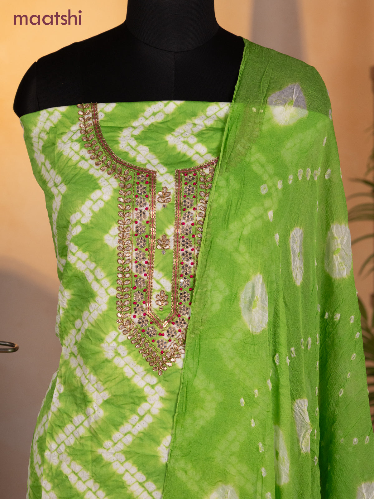 Bandhani dress materials light green with shibori prints & zardosi work neck pattern and bottom & chiffon dupatta