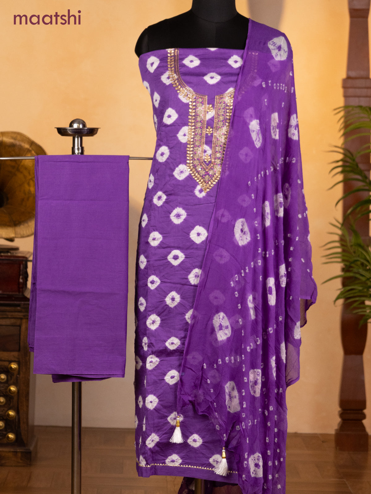 Bandhani dress materials violet with bandhani prints & zardosi work neck pattern and bottom & chiffon dupatta