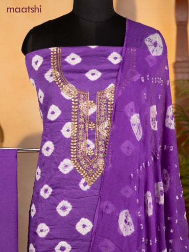 Bandhani dress materials violet with bandhani prints & zardosi work neck pattern and bottom & chiffon dupatta