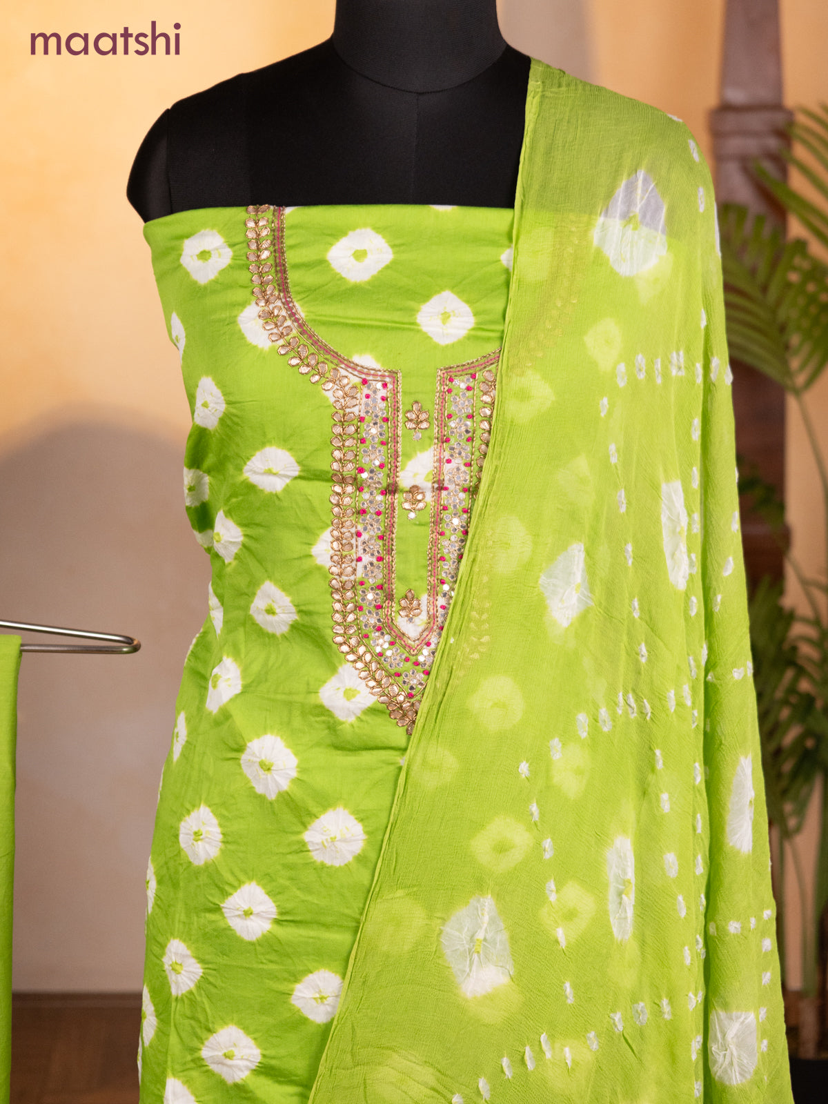 Bandhani dress materials light green with bandhani prints & zardosi work neck pattern and bottom & chiffon dupatta