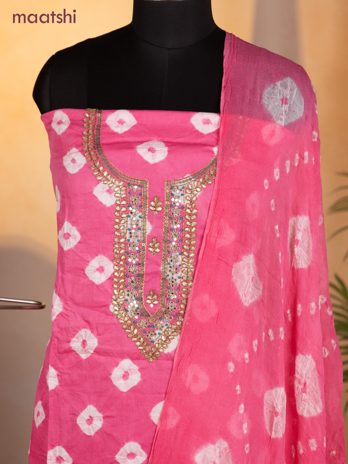 Bandhani dress materials light pink with bandhani prints & zardosi work neck pattern and bottom & chiffon dupatta
