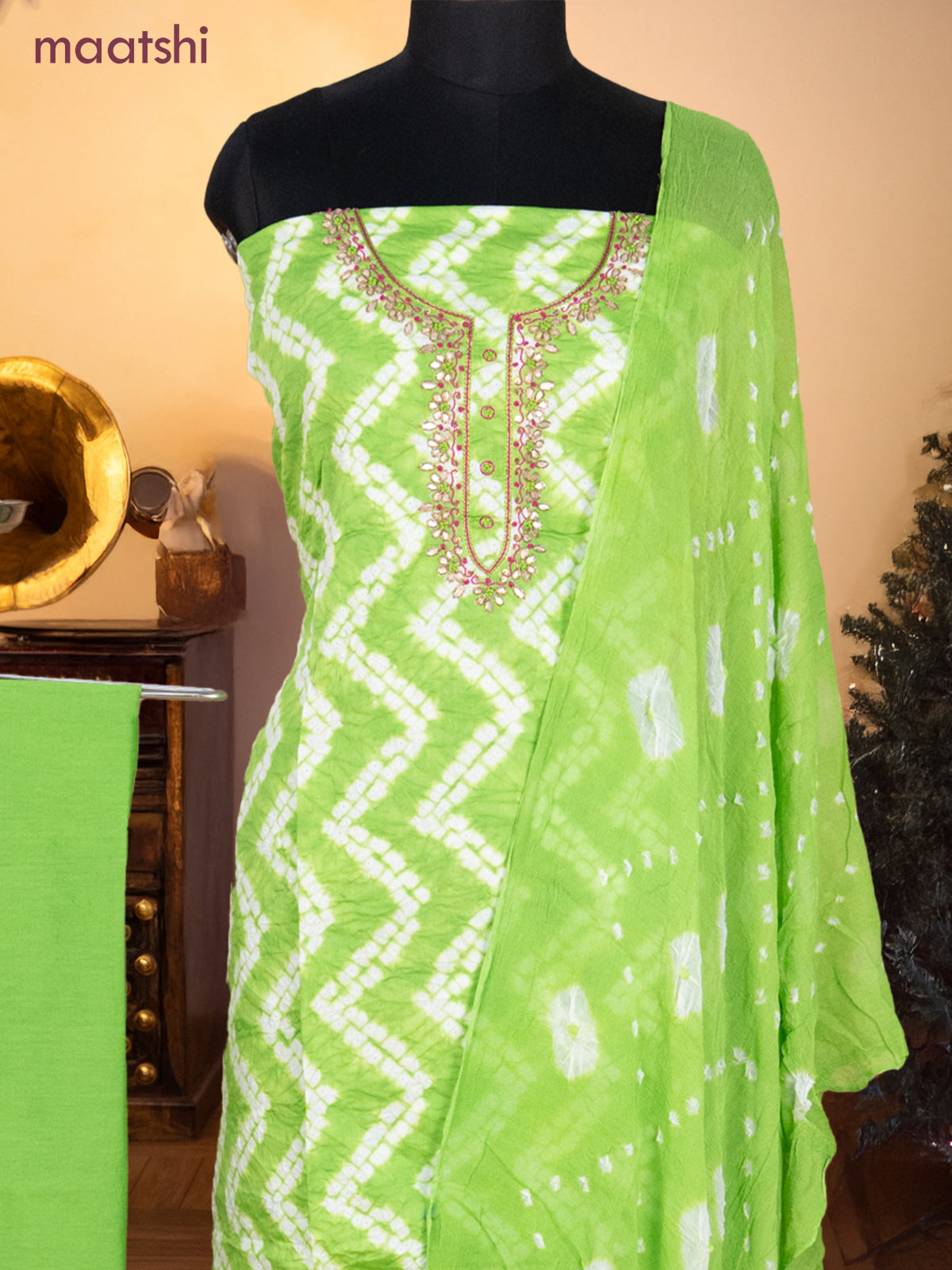 Bandhani dress materials light green with shibori prints & zardosi work neck pattern and bottom & chiffon dupatta