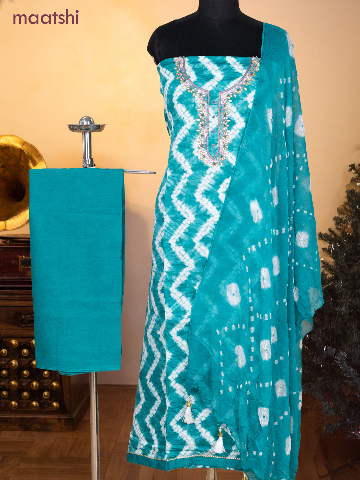 Bandhani dress materials teal green with shibori prints & zardosi work neck pattern and bottom & chiffon dupatta