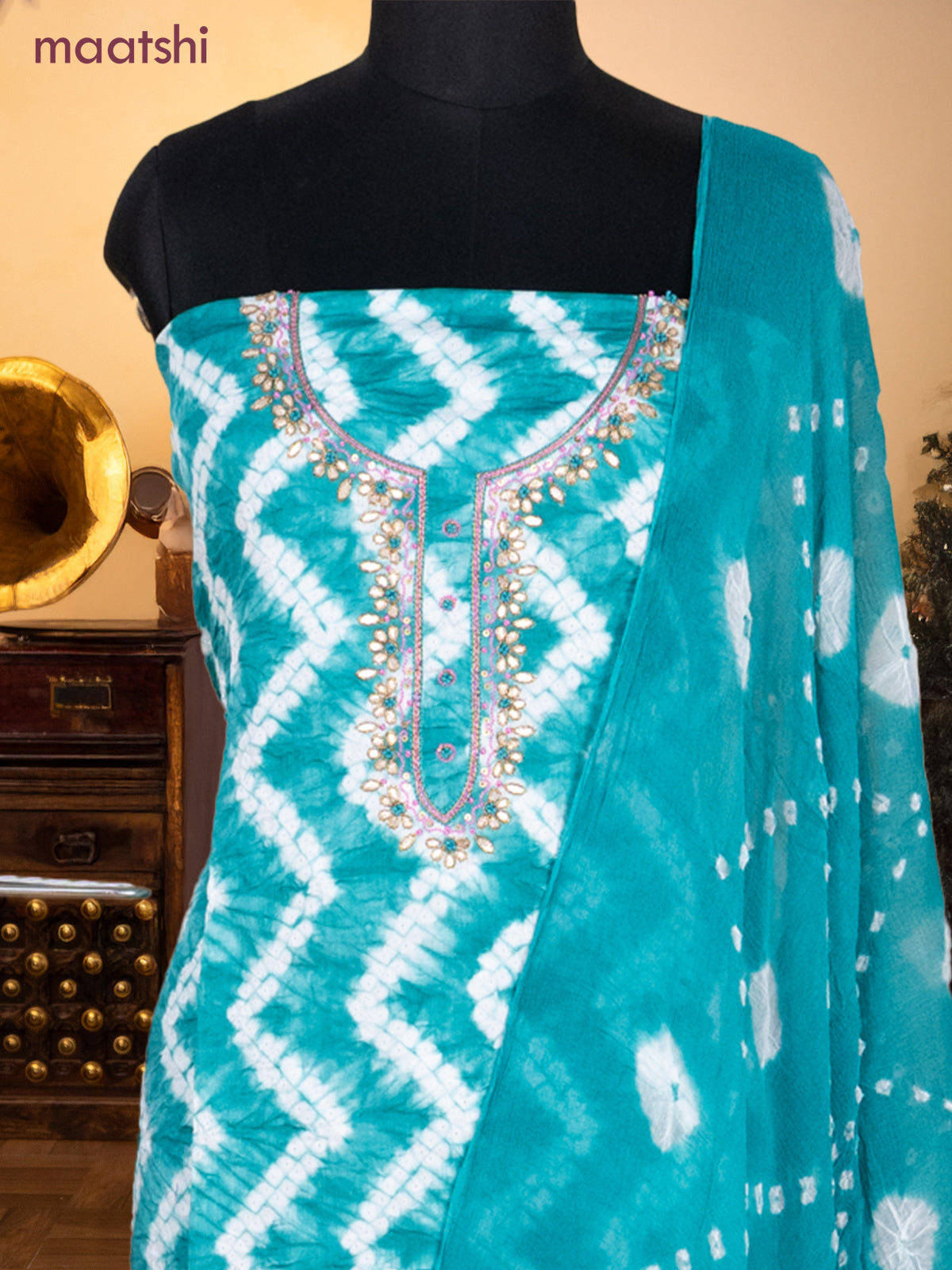 Bandhani dress materials teal green with shibori prints & zardosi work neck pattern and bottom & chiffon dupatta